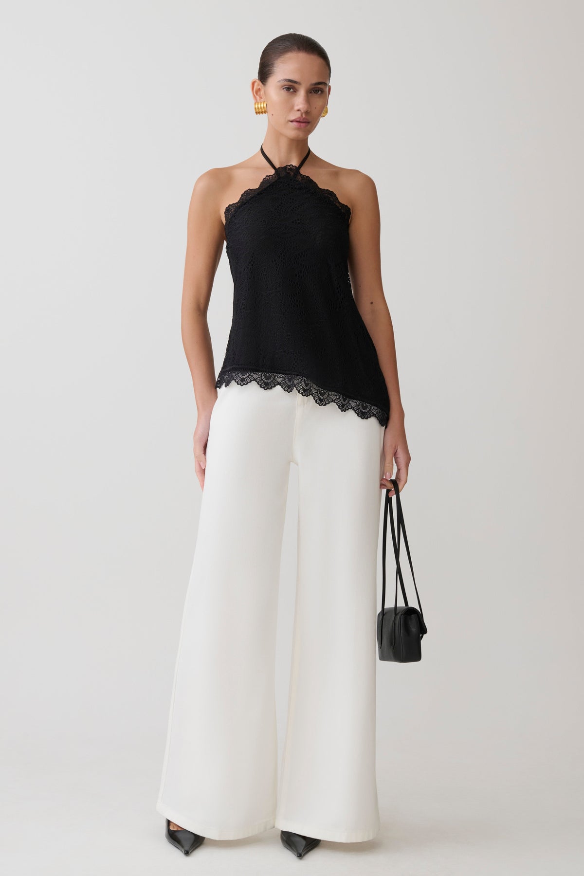 Theodosia Asymmetric Lace Halter Top - Black
