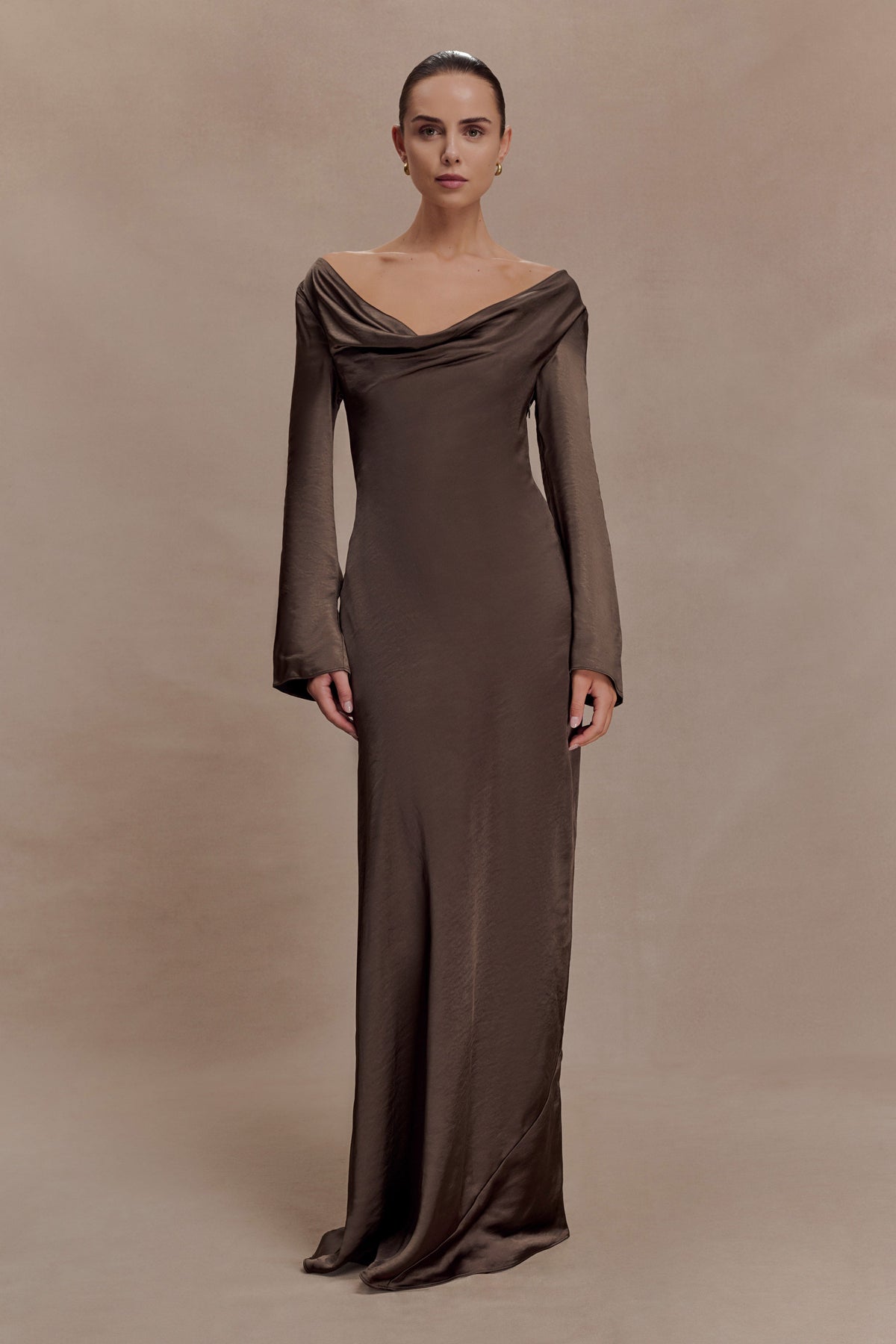 Eliza Long Sleeve Cowl Lace And Satin Maxi Dress - Mocha