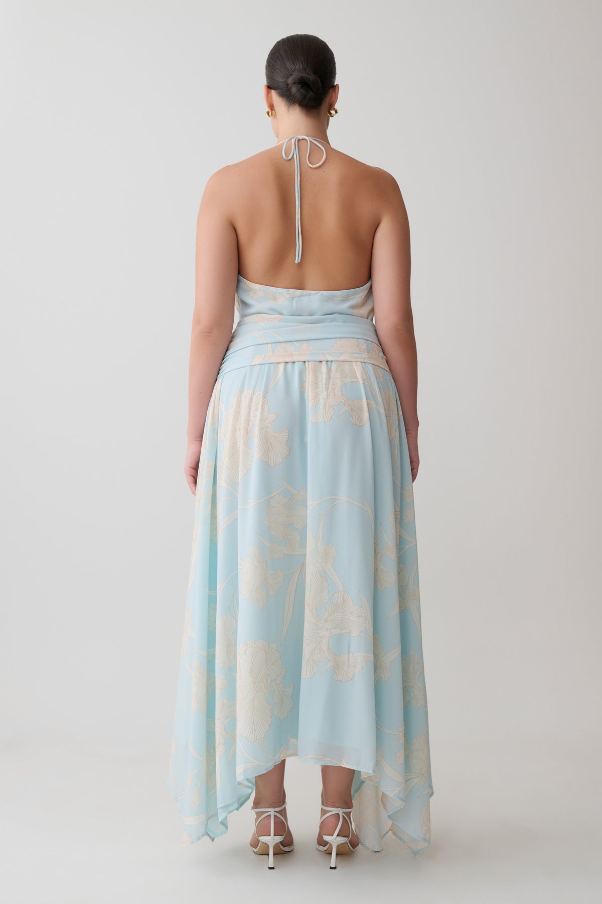 Cyra Plunge Chiffon Midi Dress - Blue Floral Print