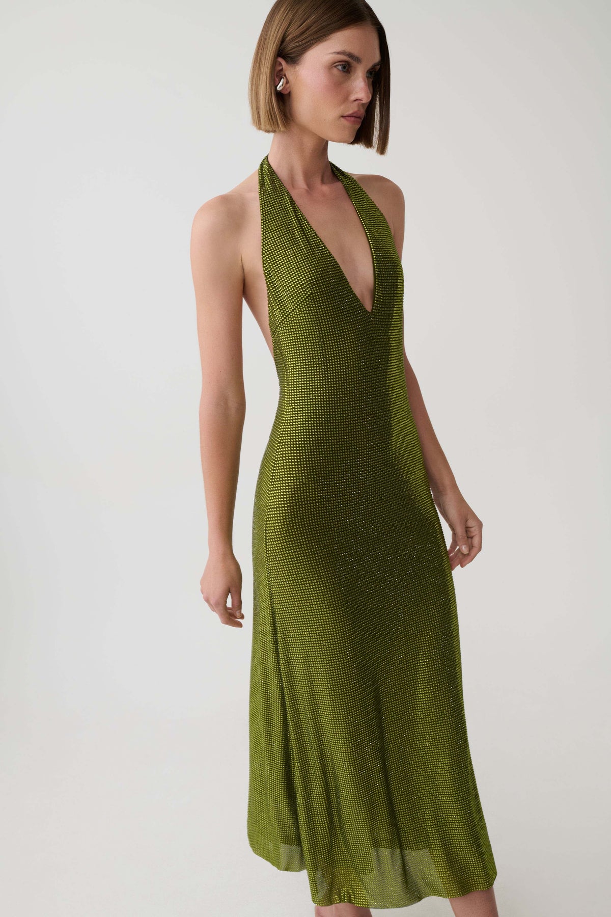 Genie Diamante Halter Midi Dress - Olive