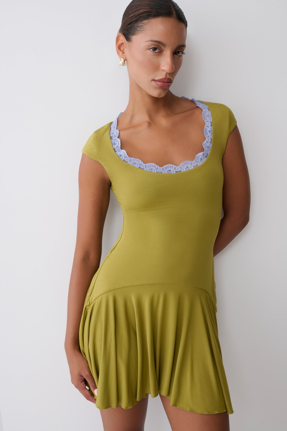 Gardenia Lace Trim Scoop Neck Mini Dress - Olive/Cornflower