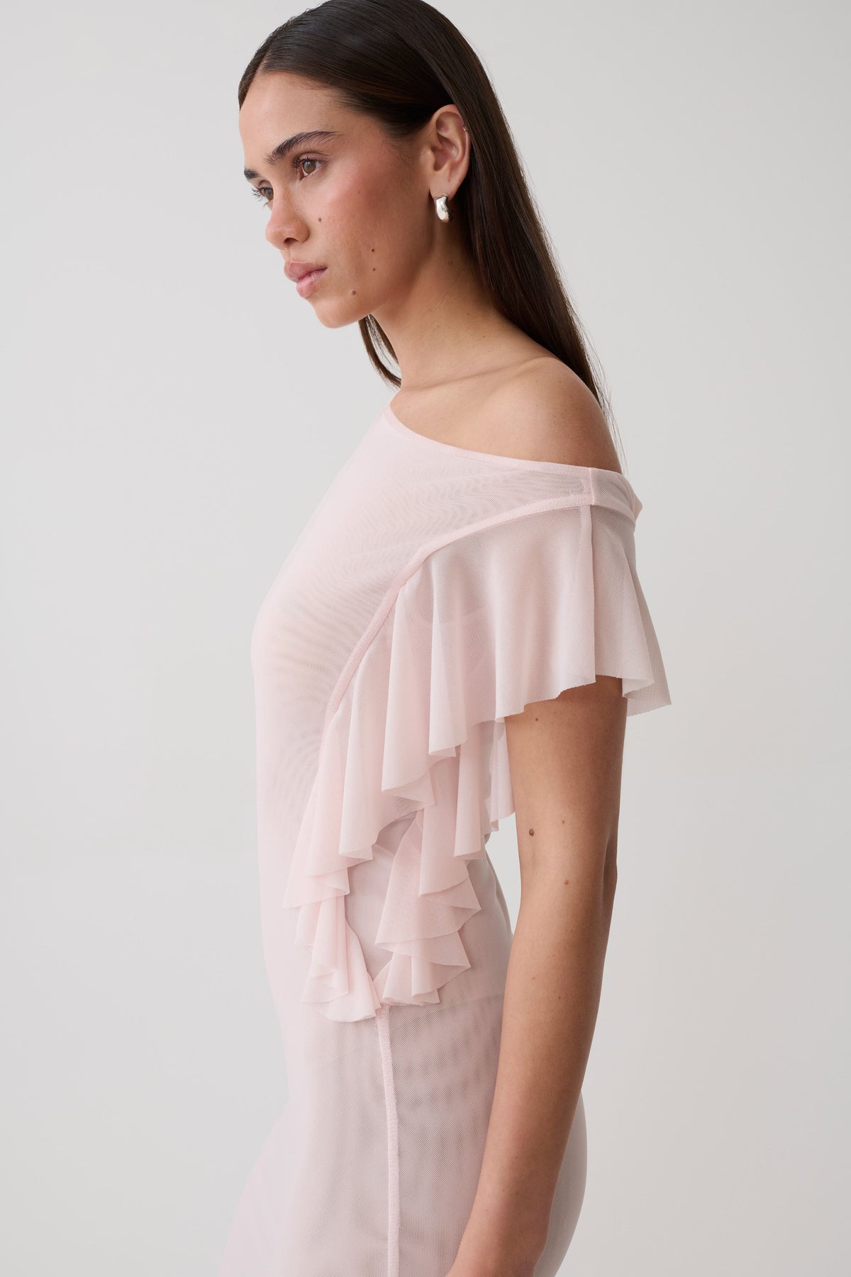 Milana Mesh Midi Off Shoulder Dress - Pale Pink