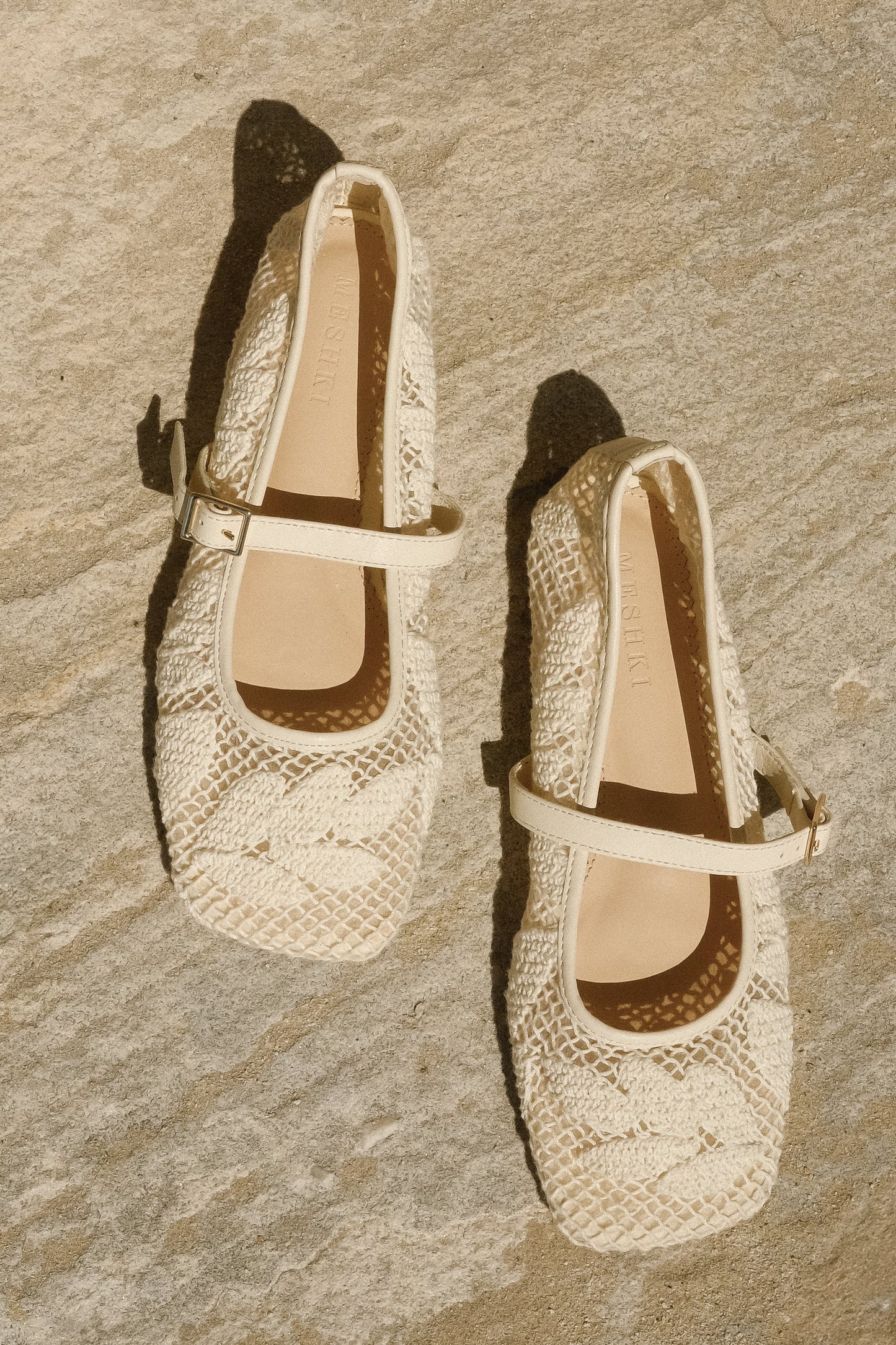 White lace applique flats.