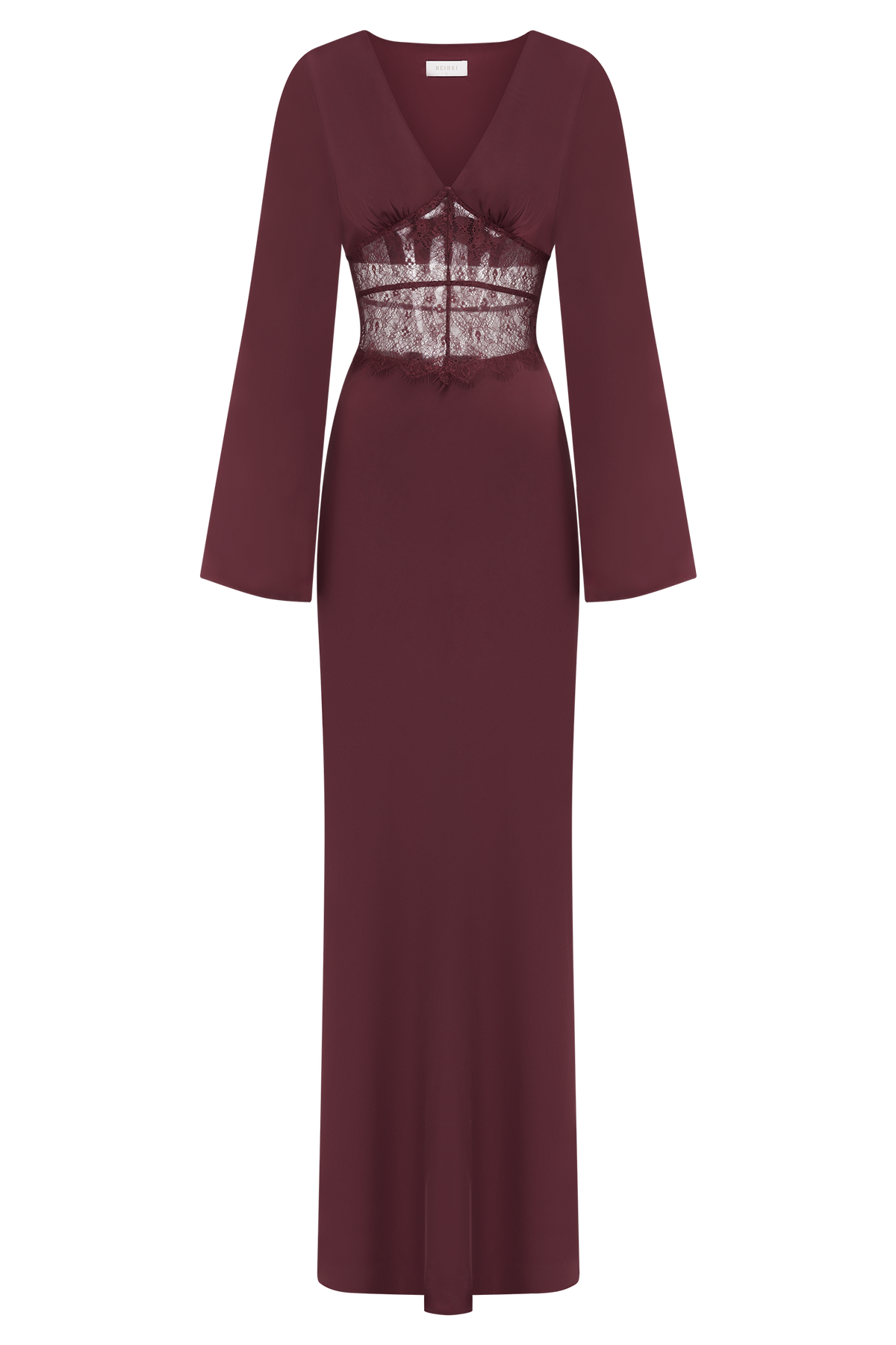 Kaya Long Sleeve Satin And Mesh Maxi Dress - Wine
