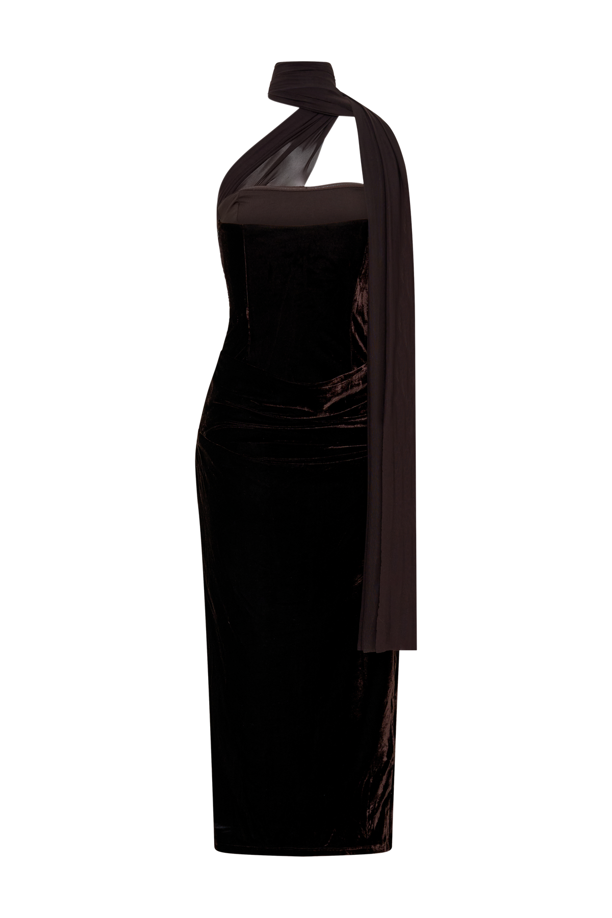 Mattea Velvet Midi Dress With Scarf - Chocolate