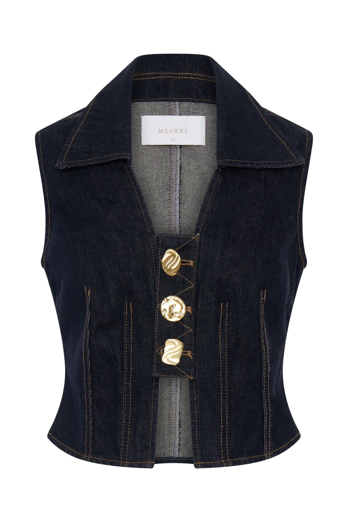 Shona Denim Vest With Decorative Buttons - Washed Indigo Blue