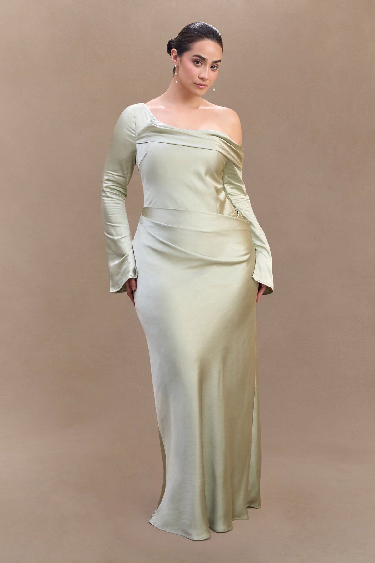 Iris Long Sleeve Satin Maxi Dress - Sage