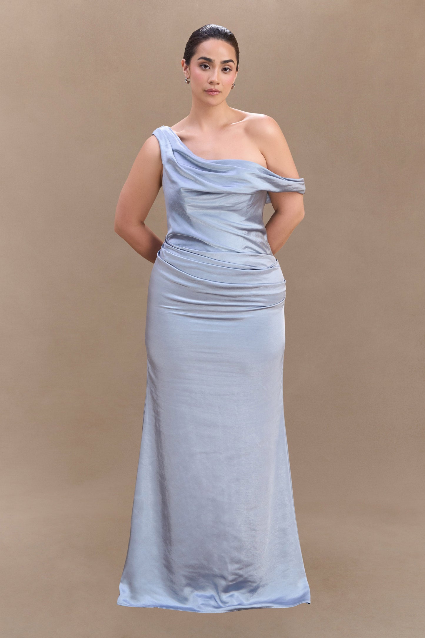 Dalia Off Shoulder Satin Maxi Dress - Frosted Blue