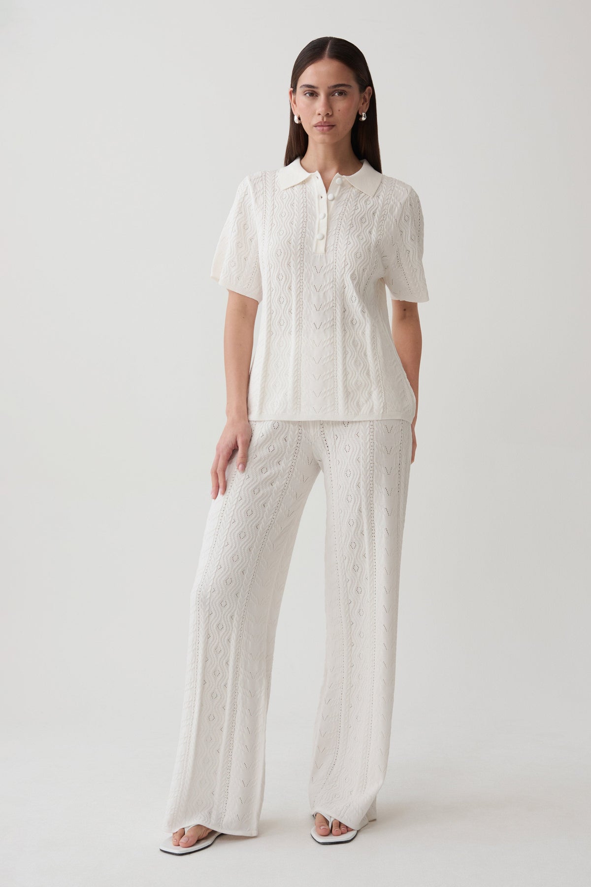 Jill Pointelle Knit Pants - White