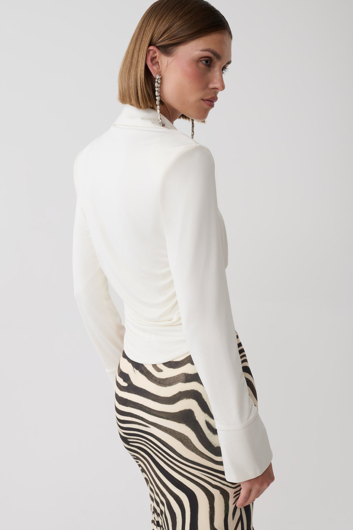 Elmira Long Sleeve Slinky Gather Detail Top - Ivory