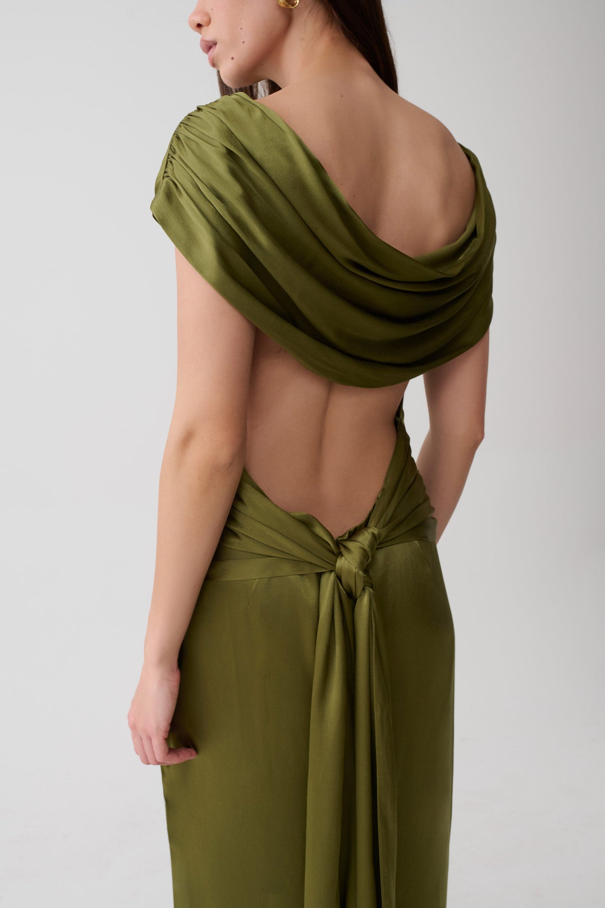 Valencia Open Back Satin Maxi Dress - Olive