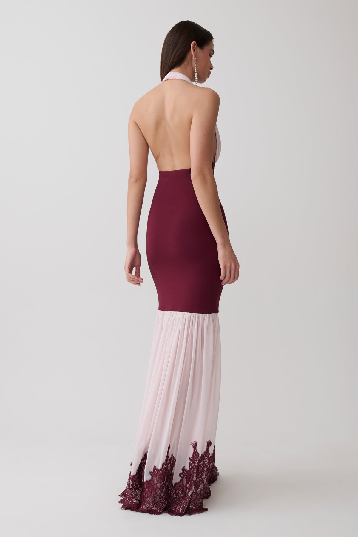 Leeana Jersey And Lace Halter Maxi Dress - Burgundy/Pink