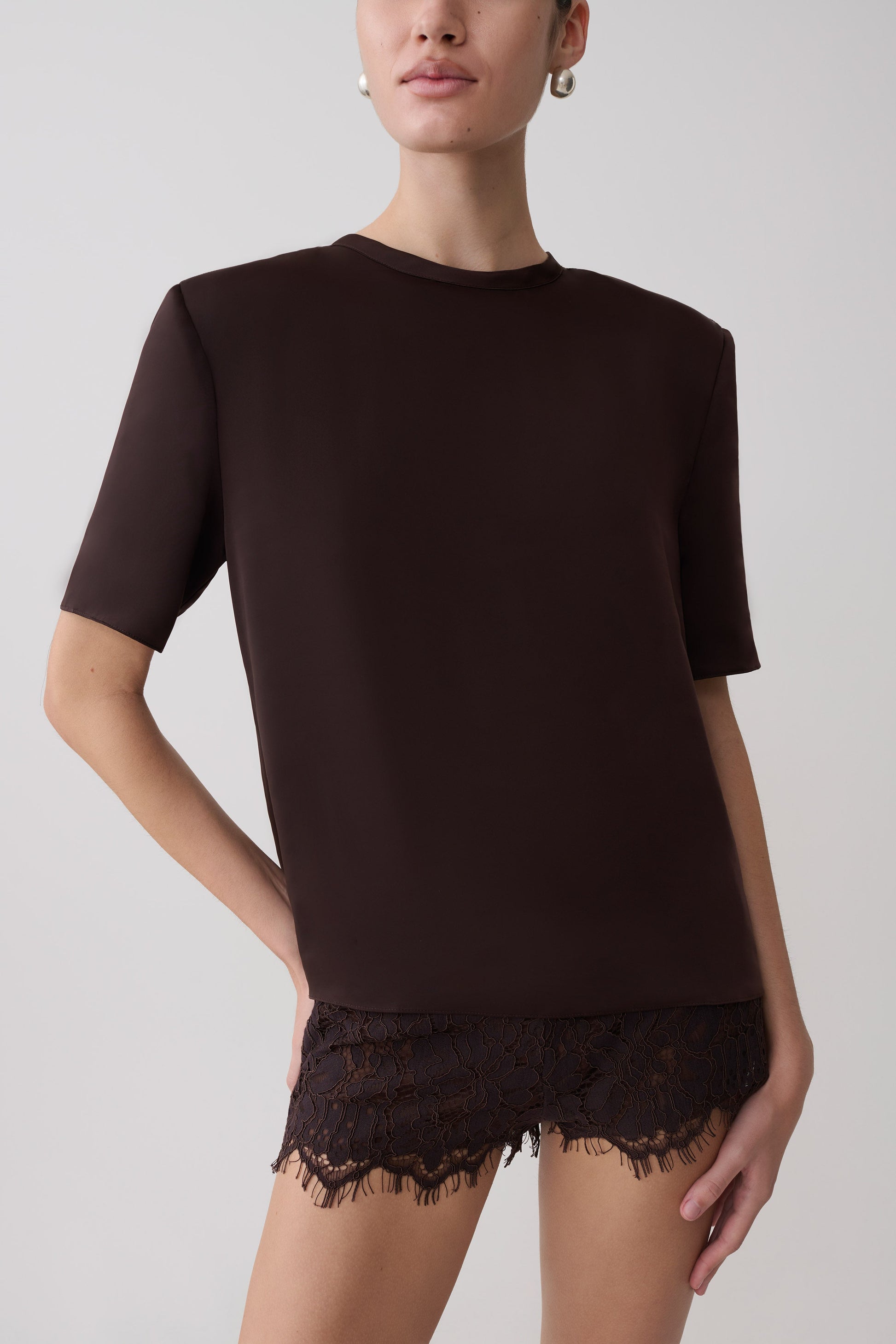 Harlyn Shoulder Pad Short Sleeve Satin Top - Dark Chocolate #3