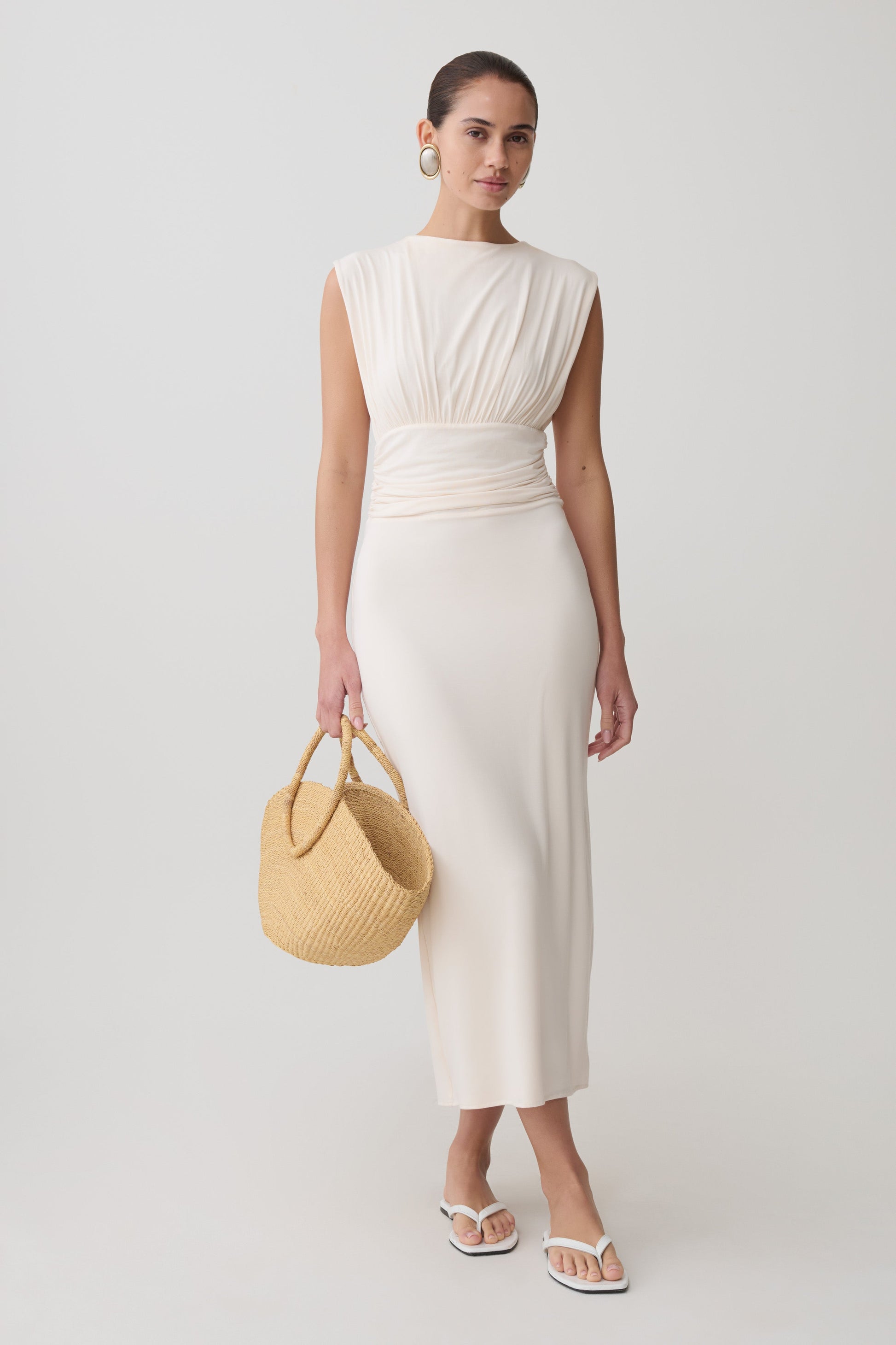 Kura Ruched Modal Sleeveless Midi Dress - Ivory #7