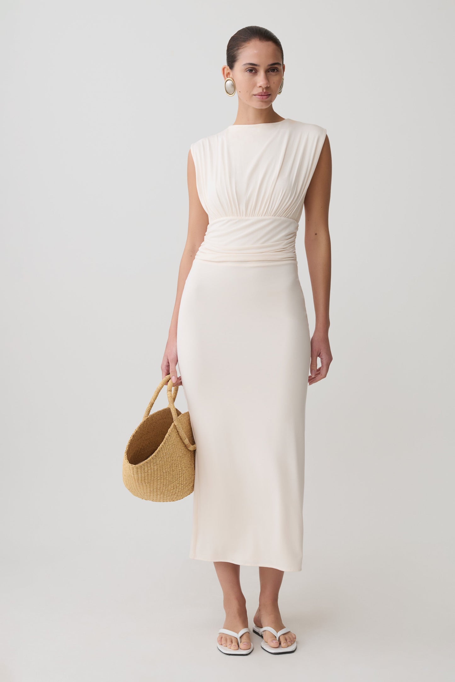 Kura Ruched Modal Sleeveless Midi Dress - Ivory