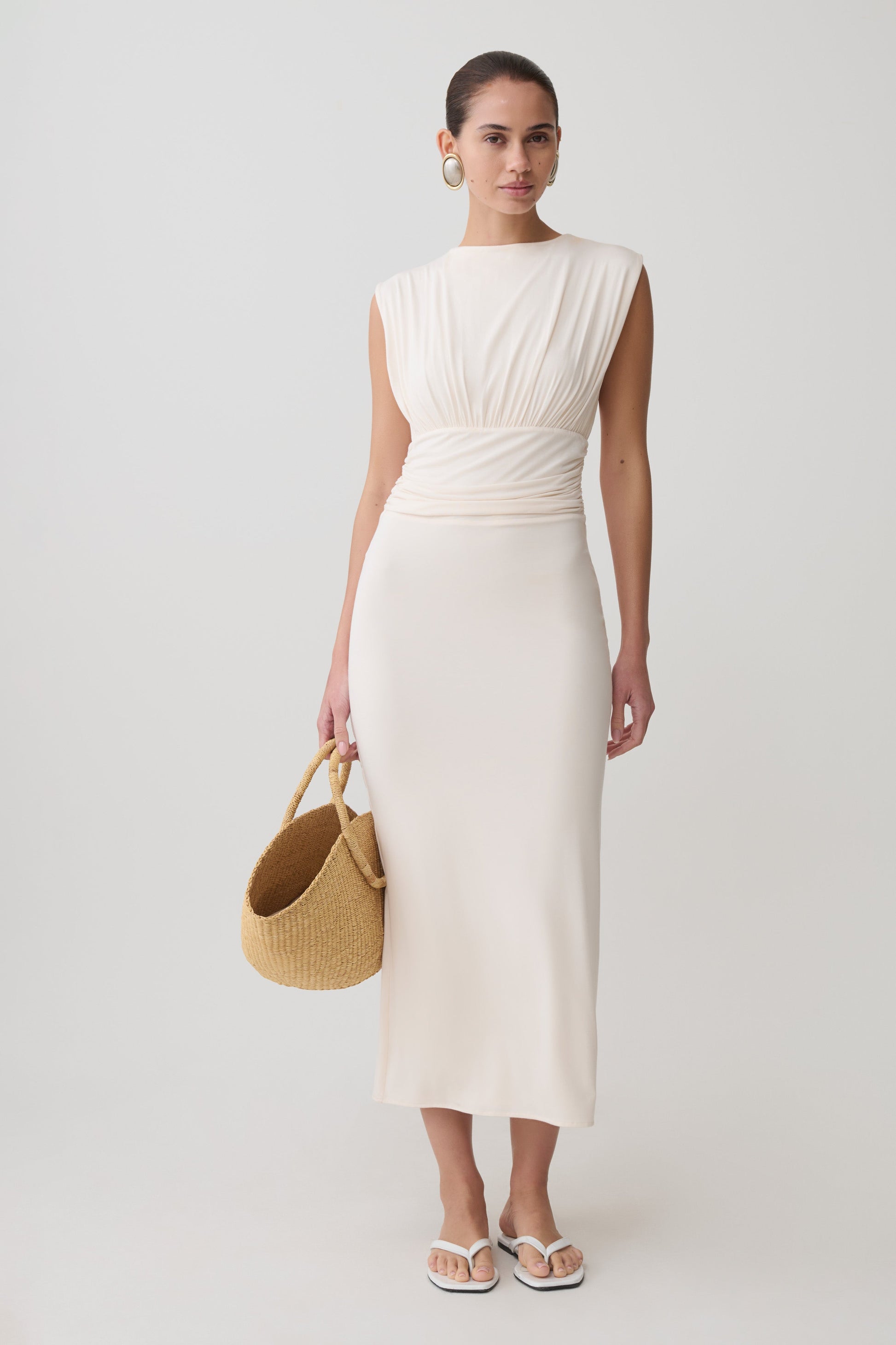 Kura Ruched Modal Sleeveless Midi Dress - Ivory #6