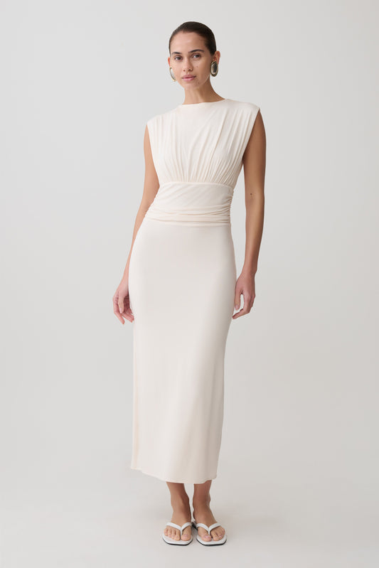 Kura Ruched Modal Sleeveless Midi Dress - Ivory