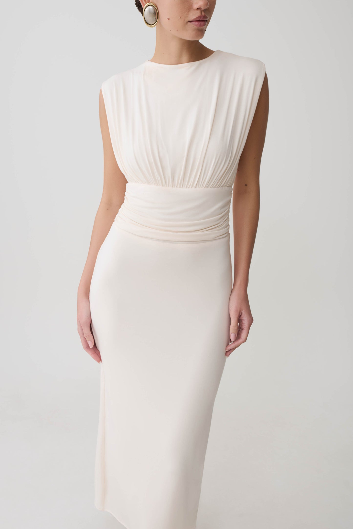 Kura Ruched Modal Sleeveless Midi Dress - Ivory