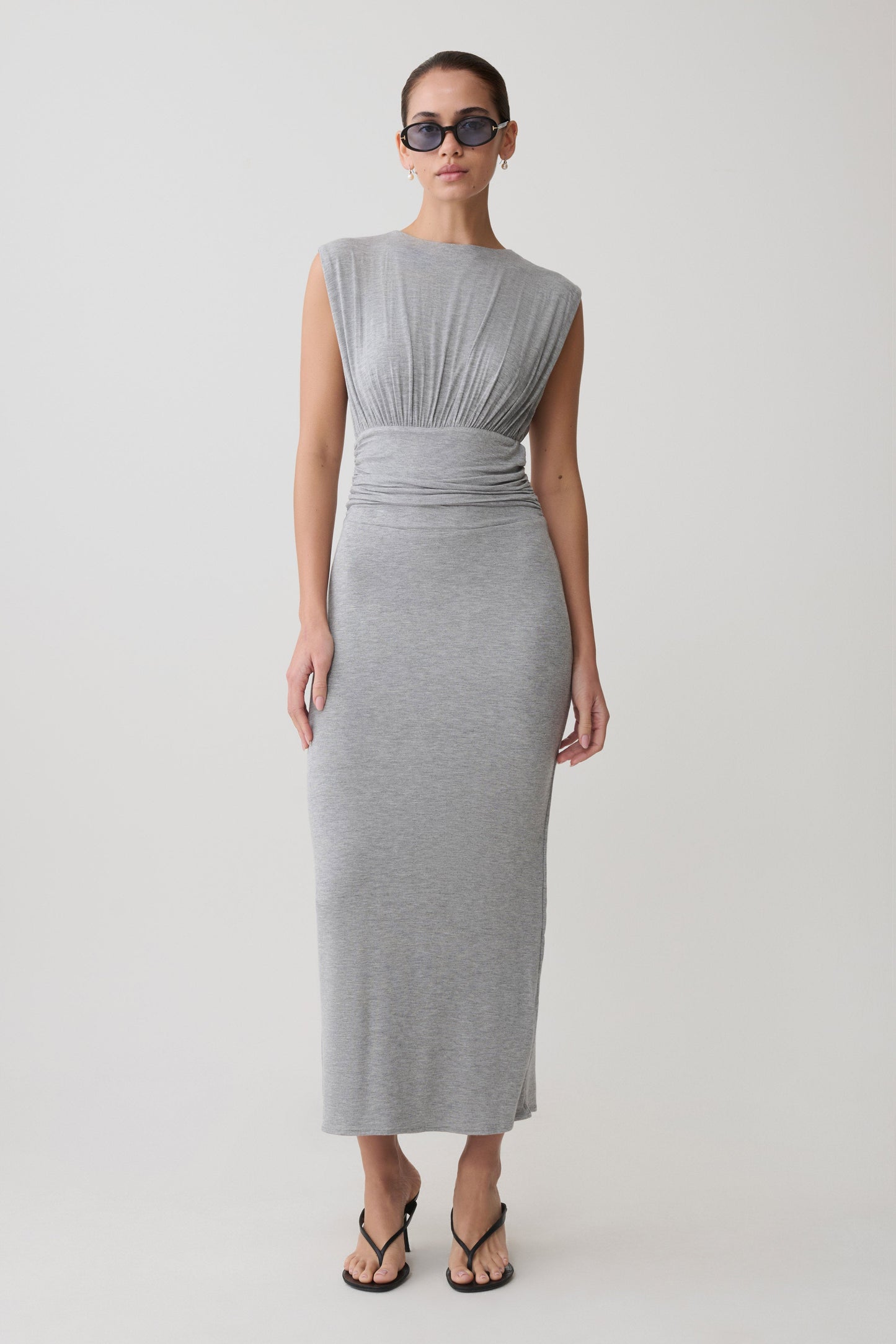 Kura Ruched Modal Sleeveless Midi Dress - Grey Marle