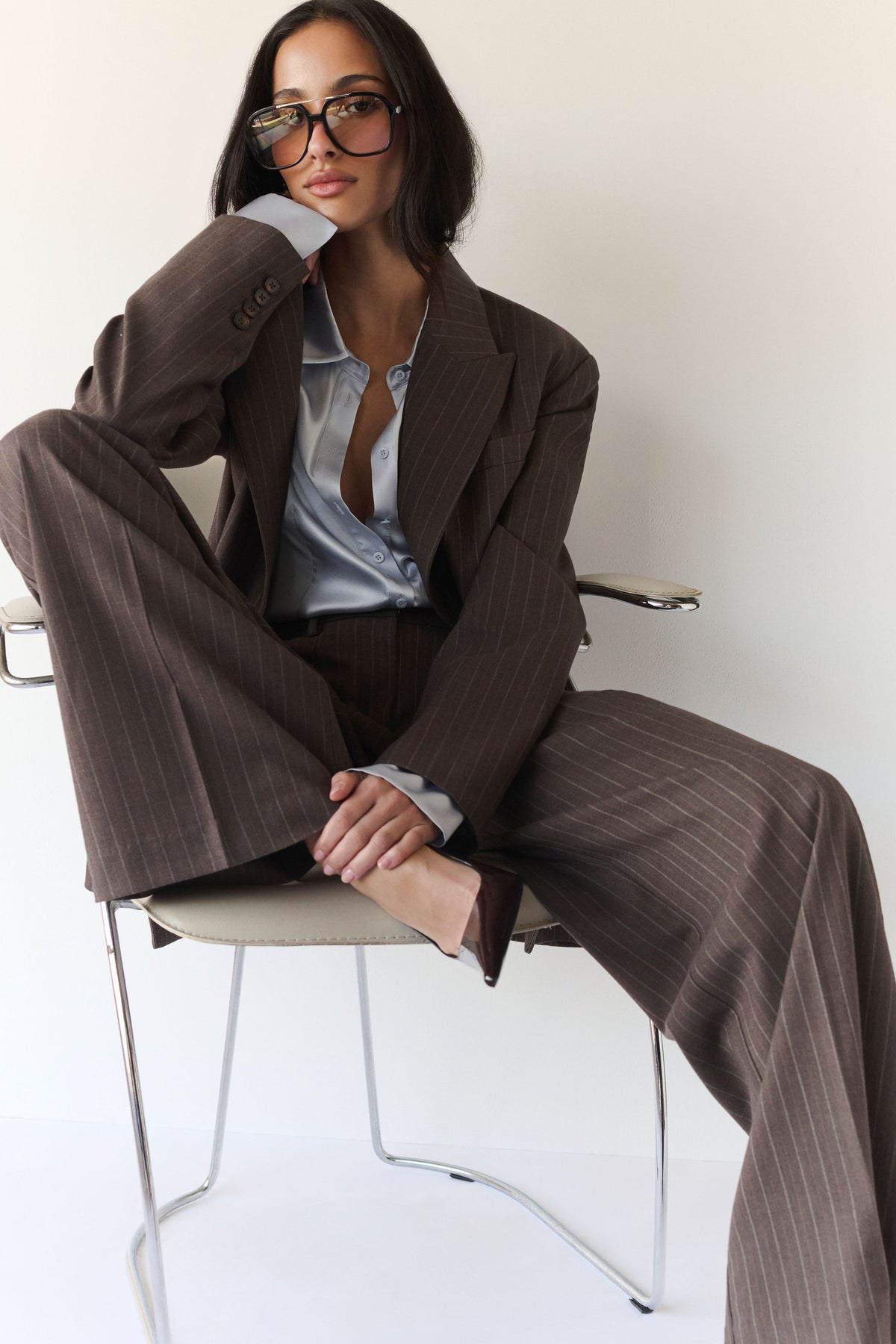 Phoebe Straight Leg Suiting Pants - Brown Stripe