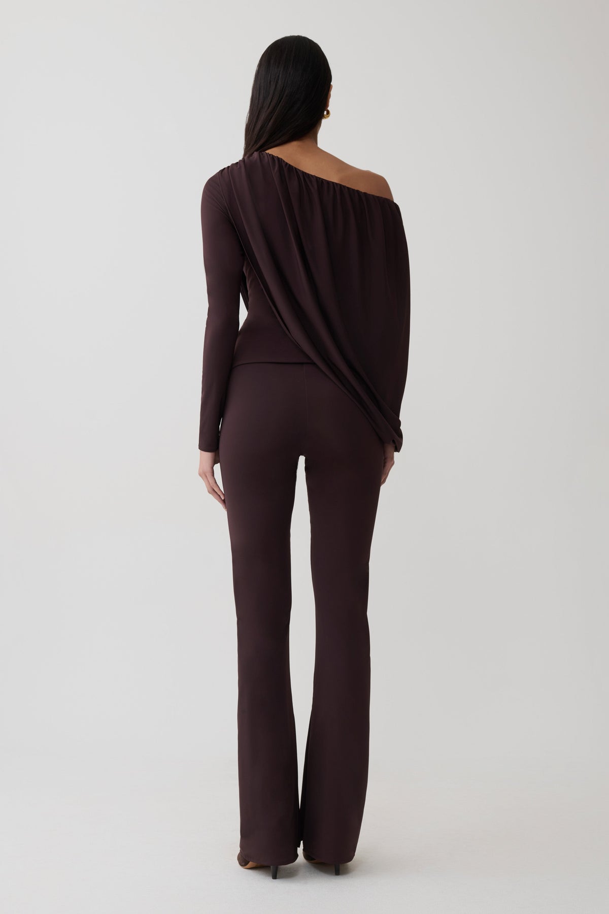 Yuri Long Sleeve Off Shoulder Draped Top - Chocolate #5