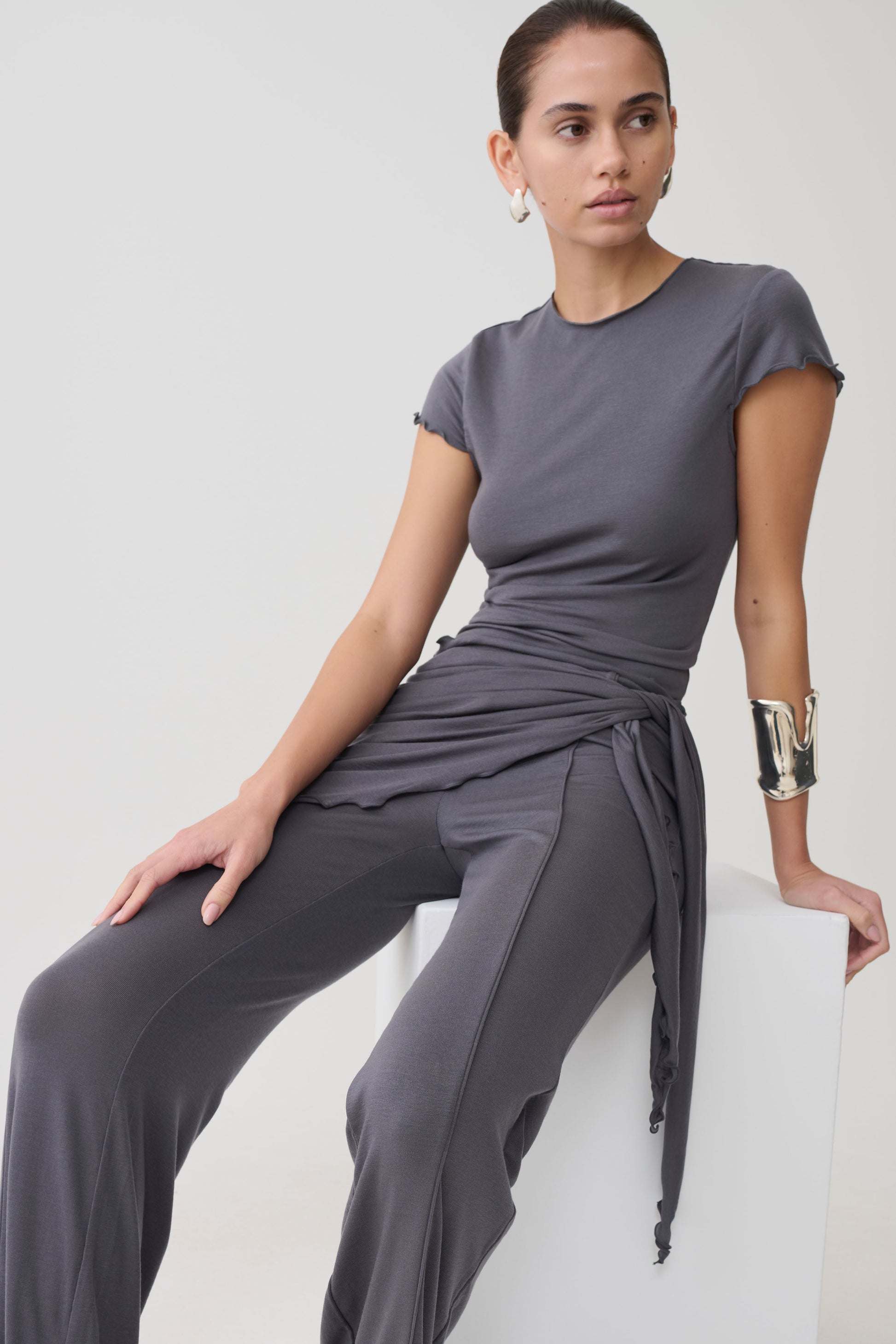 Anfie High Neck Top With Piping Detail - Grey #3