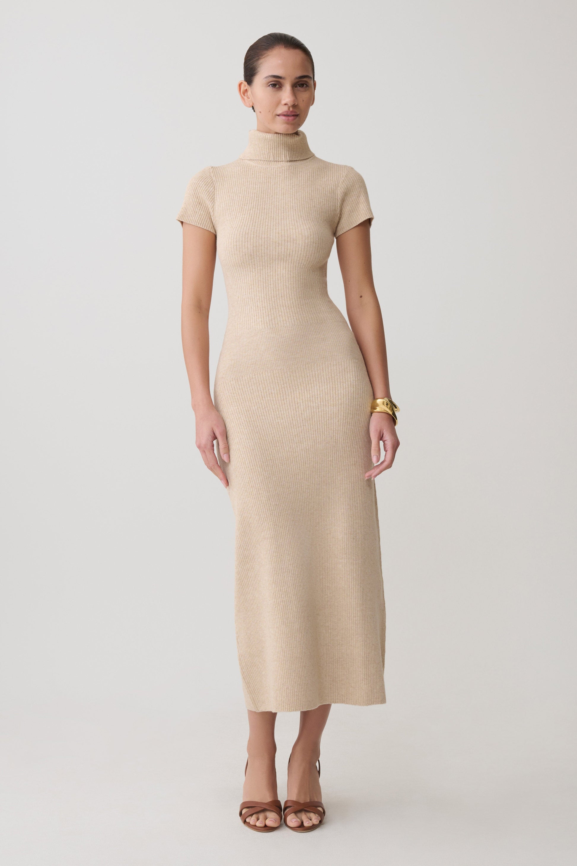 Goldie High Neck Knit Midi Dress - Camel #5