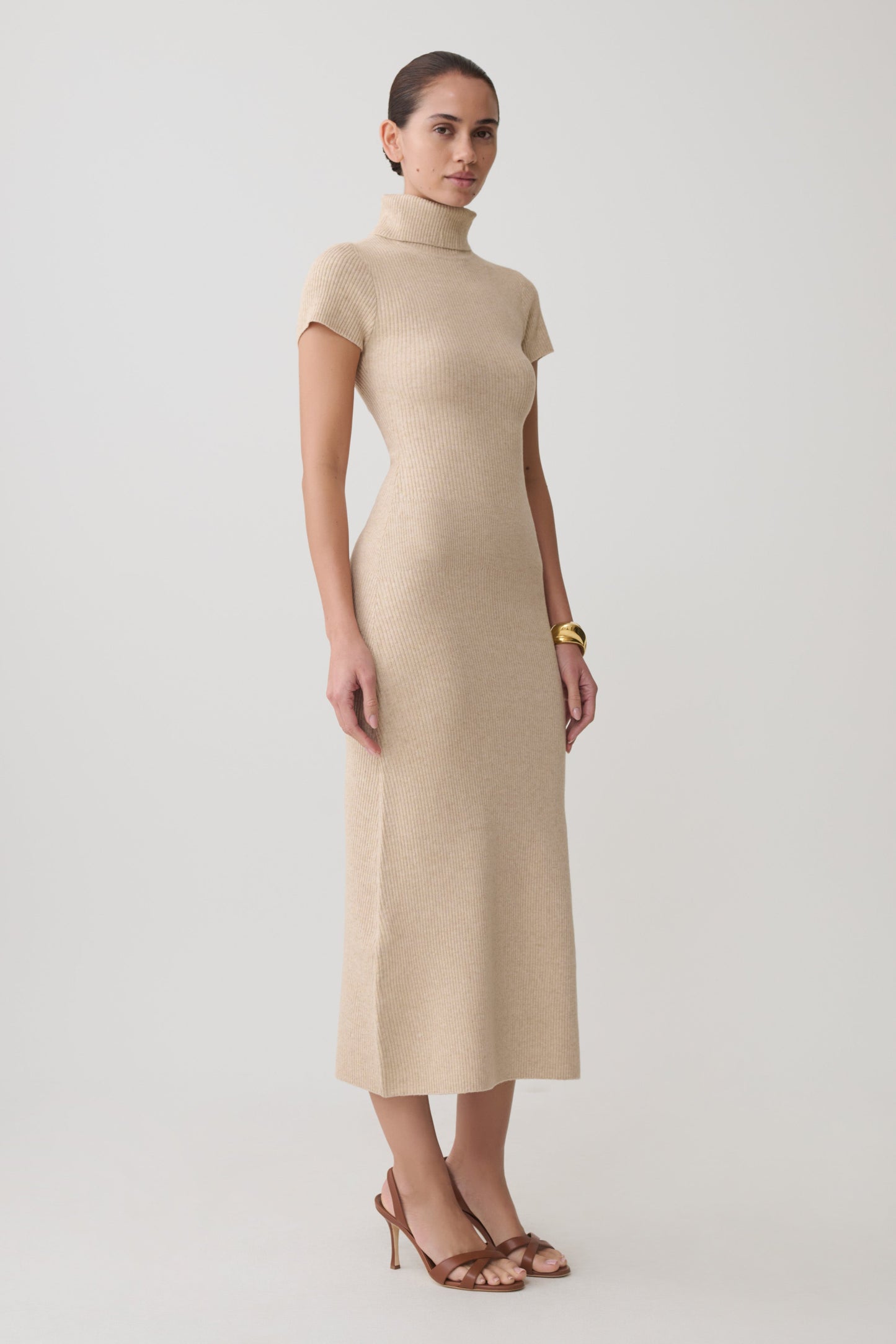Goldie High Neck Knit Midi Dress - Camel