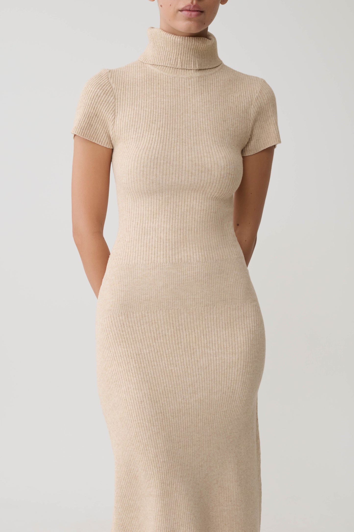 Goldie High Neck Knit Midi Dress - Camel