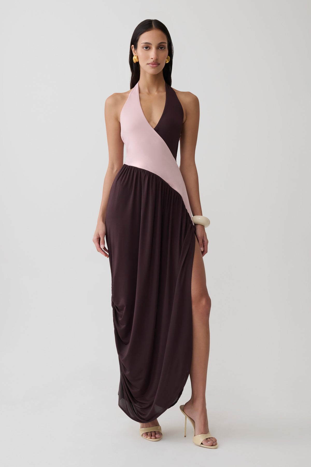 Nari Halter Gathered Maxi Dress - Muted Pink/Dark Chocolate #5