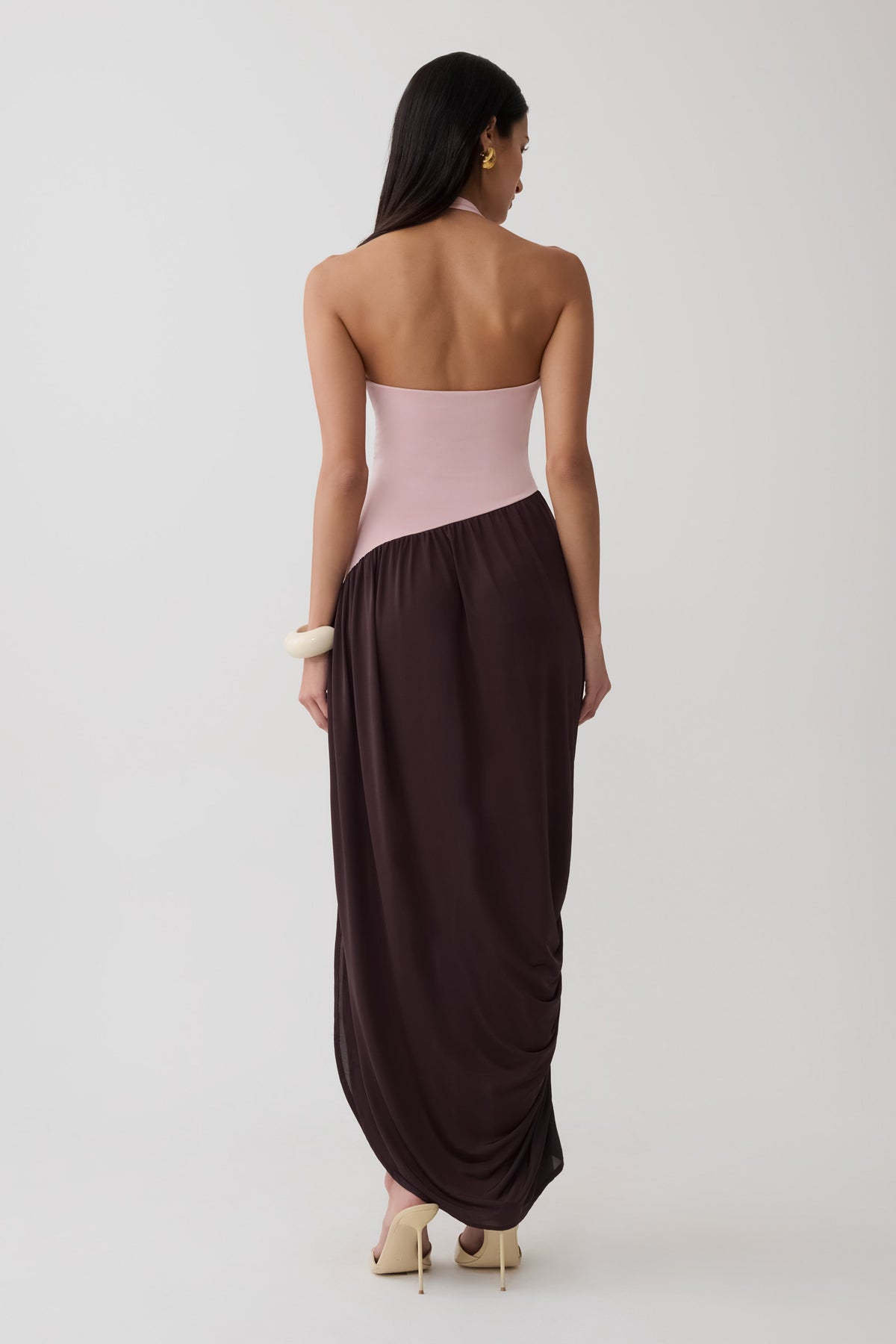 Nari Halter Gathered Maxi Dress - Muted Pink/Dark Chocolate #3