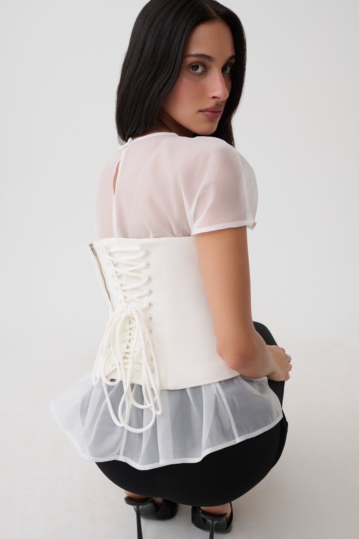 Belle Corset Sheer Short Sleeve Top - Ivory #2