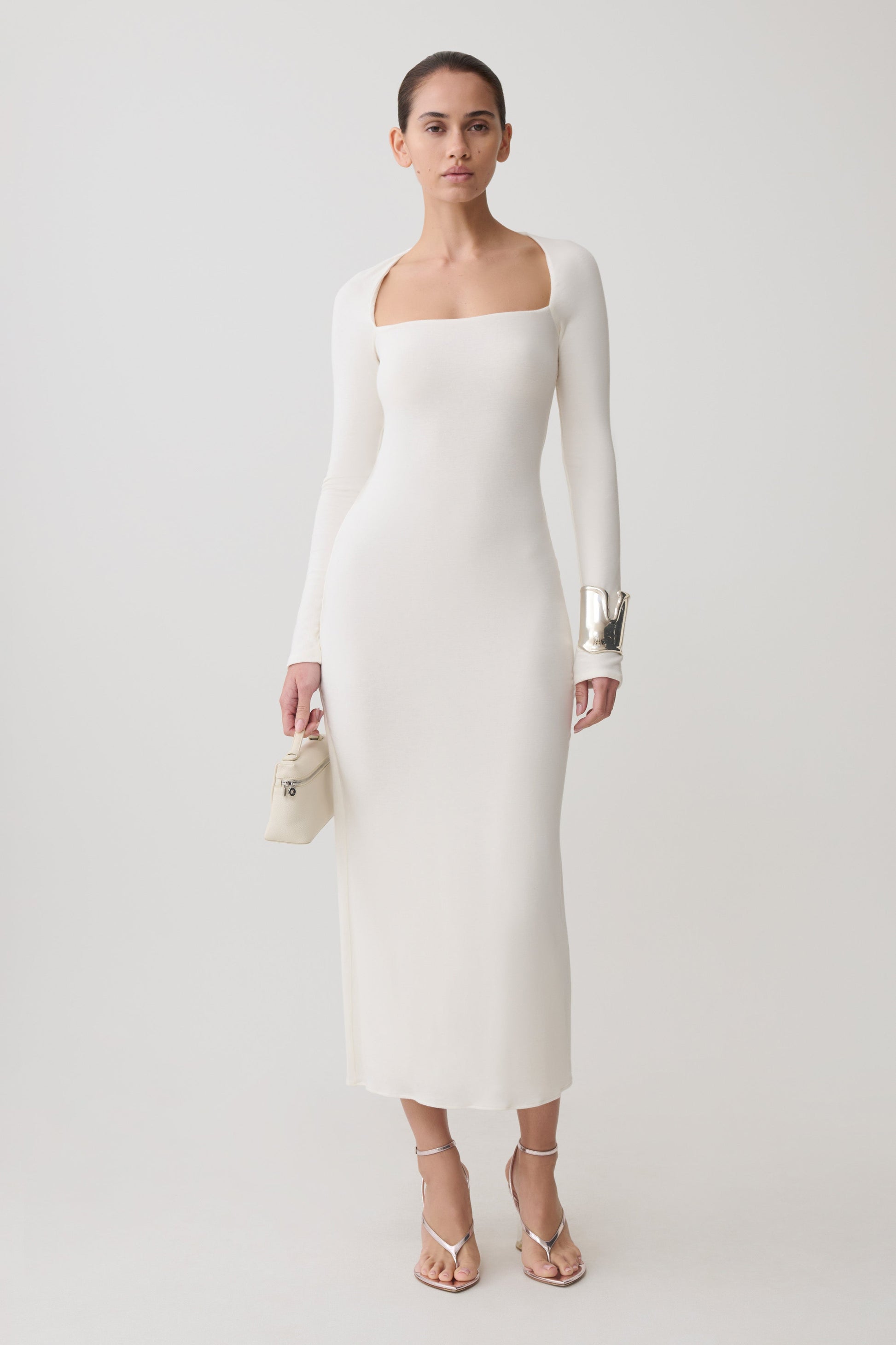 Freja Long Sleeve Wool Midi Dress - White #7