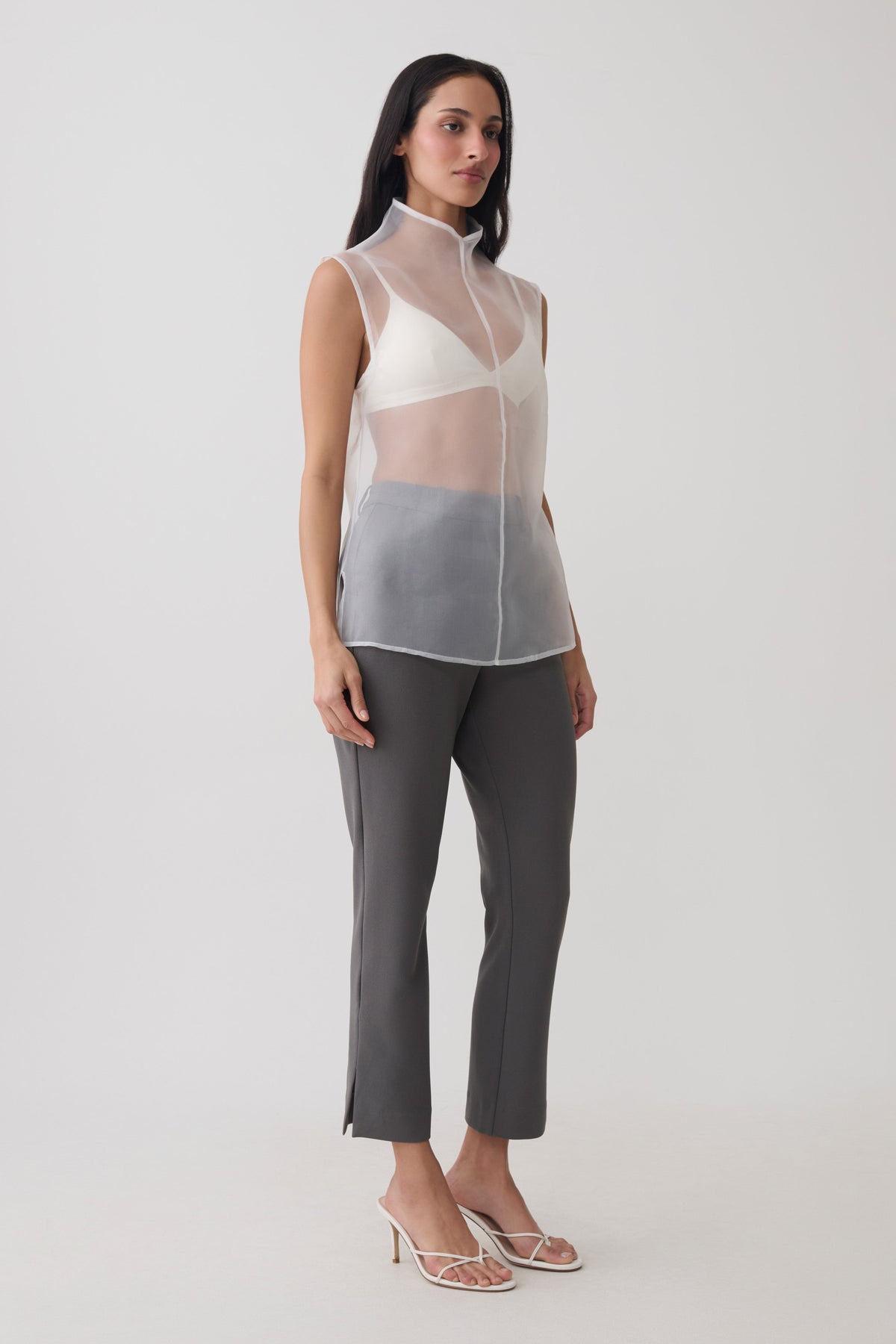 Lillian High Neck Sheer Sleeveless Top - White #5