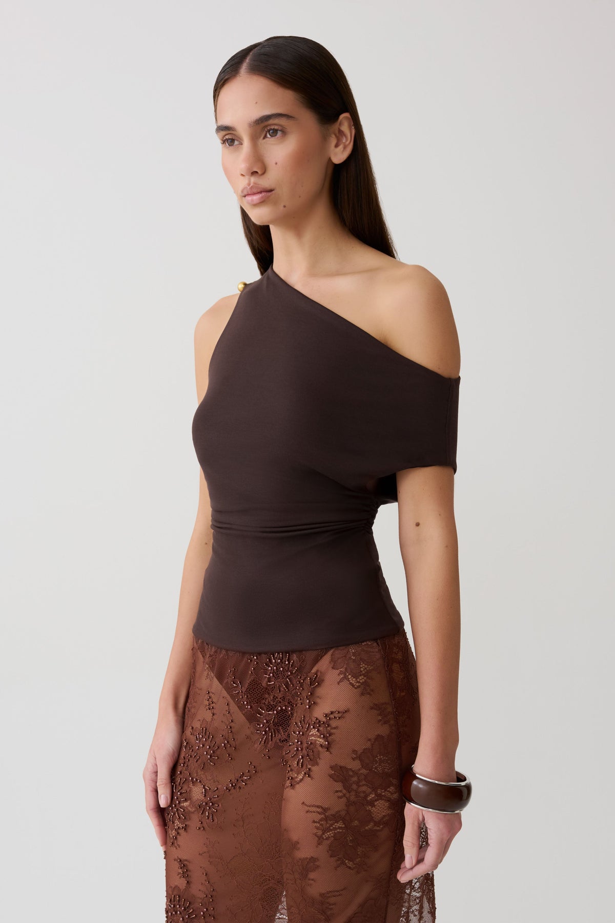 Yuna Short Sleeve Draped Hardware Top - Chocolate #3