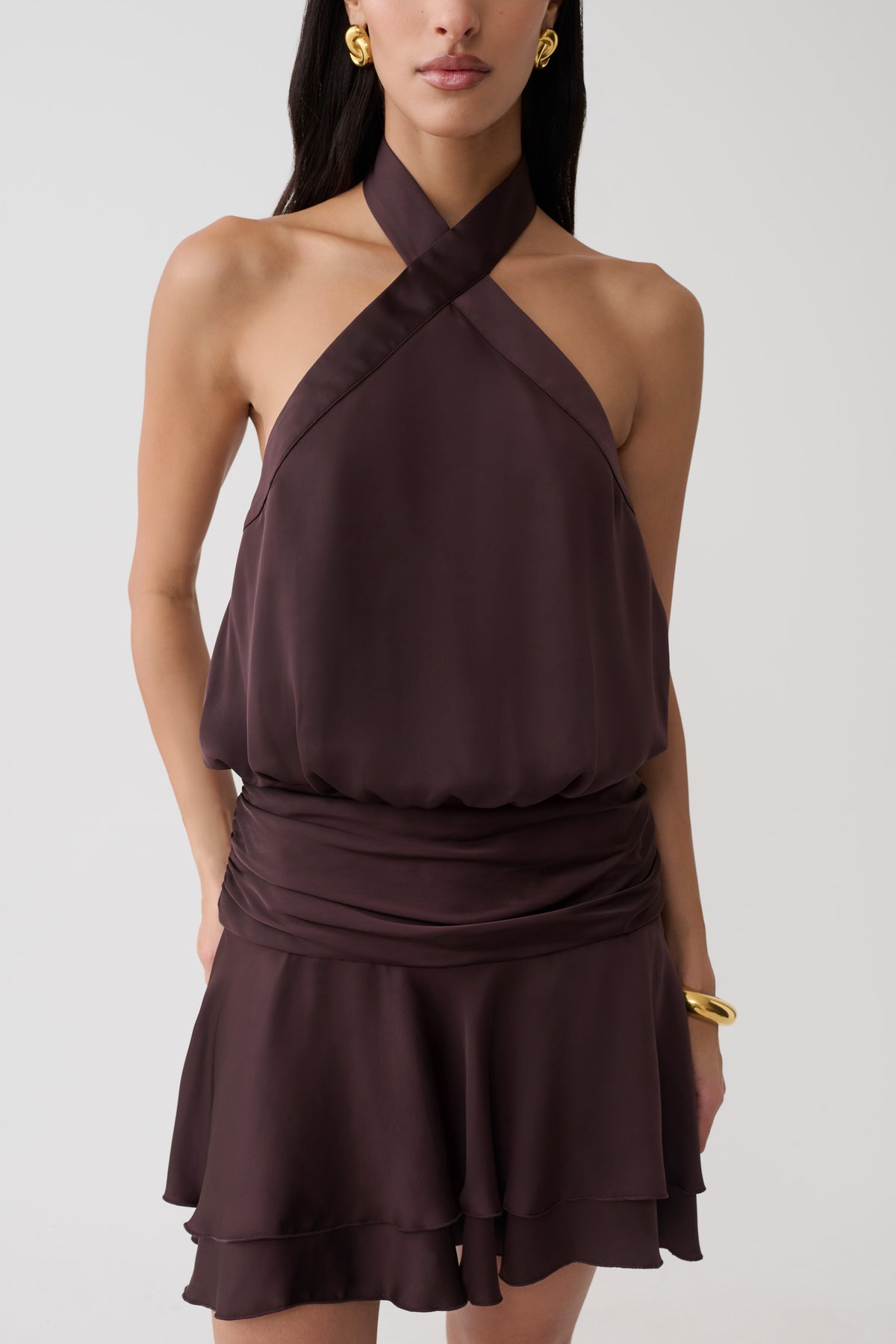 Poppy Satin Halter Mini Dress - Chocolate #4