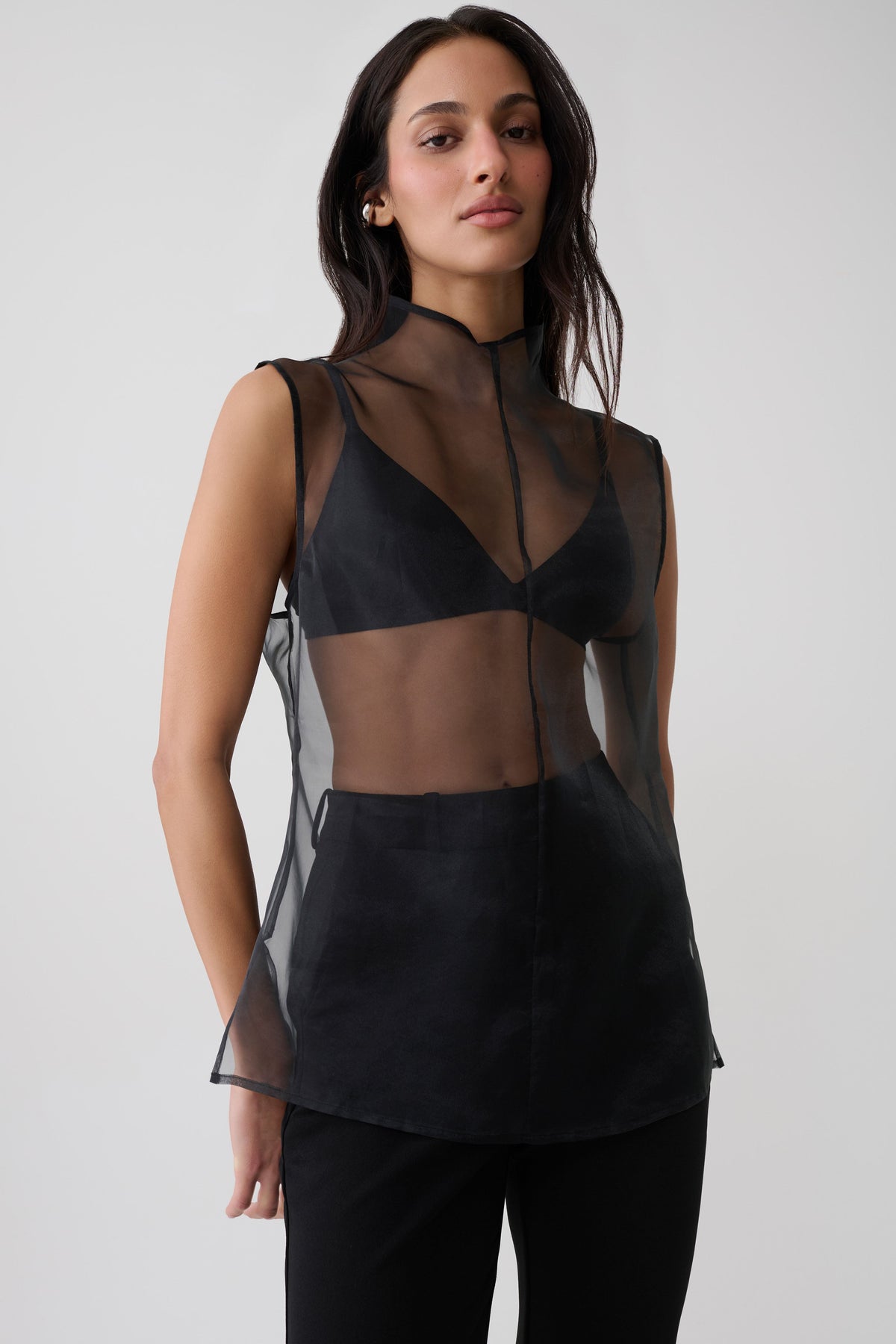 Lillian High Neck Sheer Sleeveless Top - Black