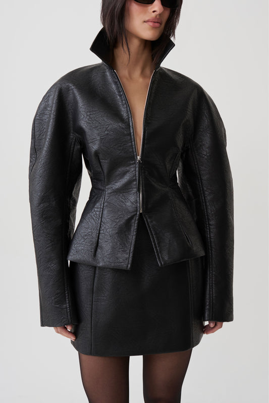 Telma Faux Leather Collared Jacket - Black