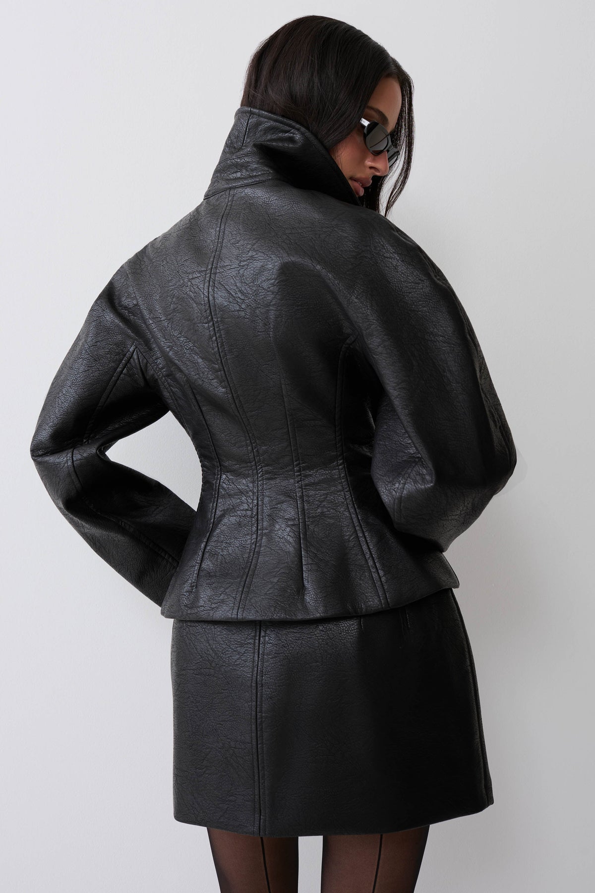 Telma Faux Leather Collared Jacket - Black