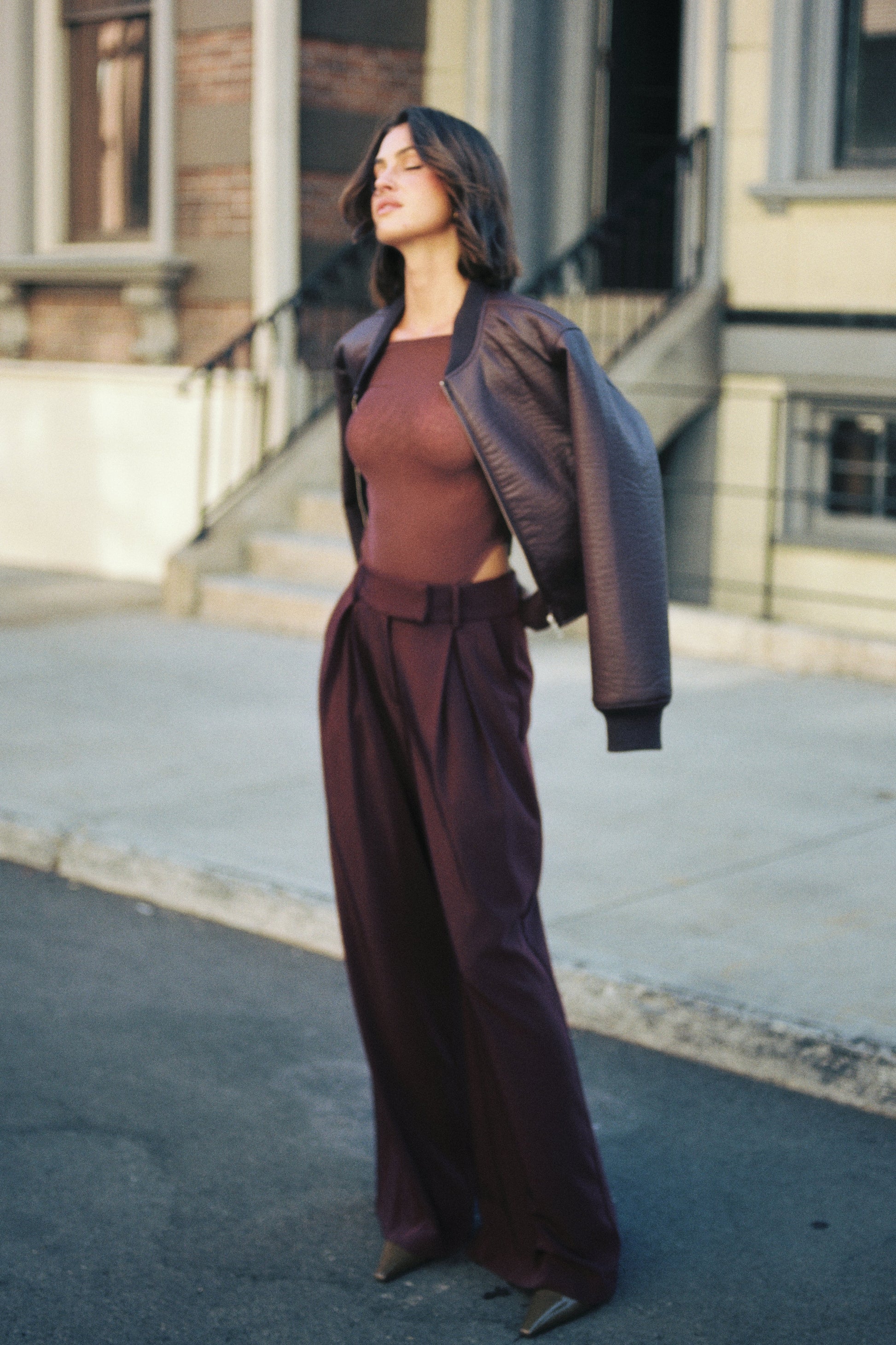 Codi Faux Leather Bomber Jacket - Merlot #8