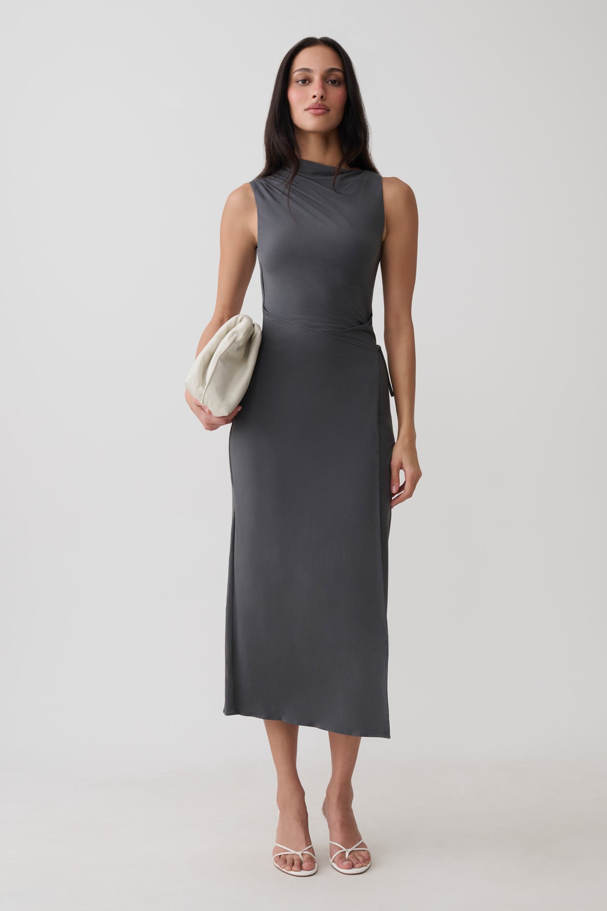 Euphemia Cupro Midi Wrap Dress - Charcoal