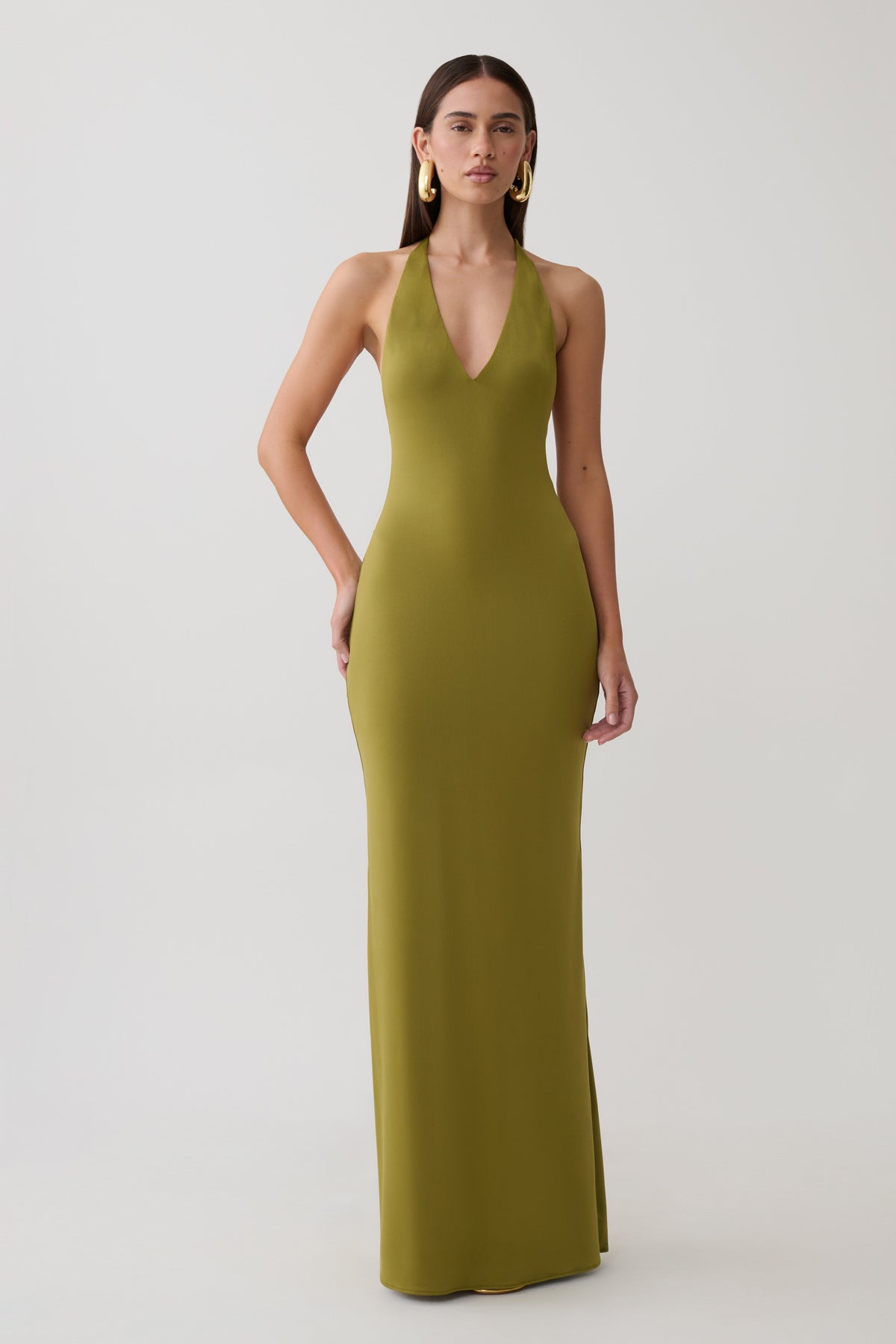 Hana Slinky Plunge Maxi Dress - Martini Olive #4