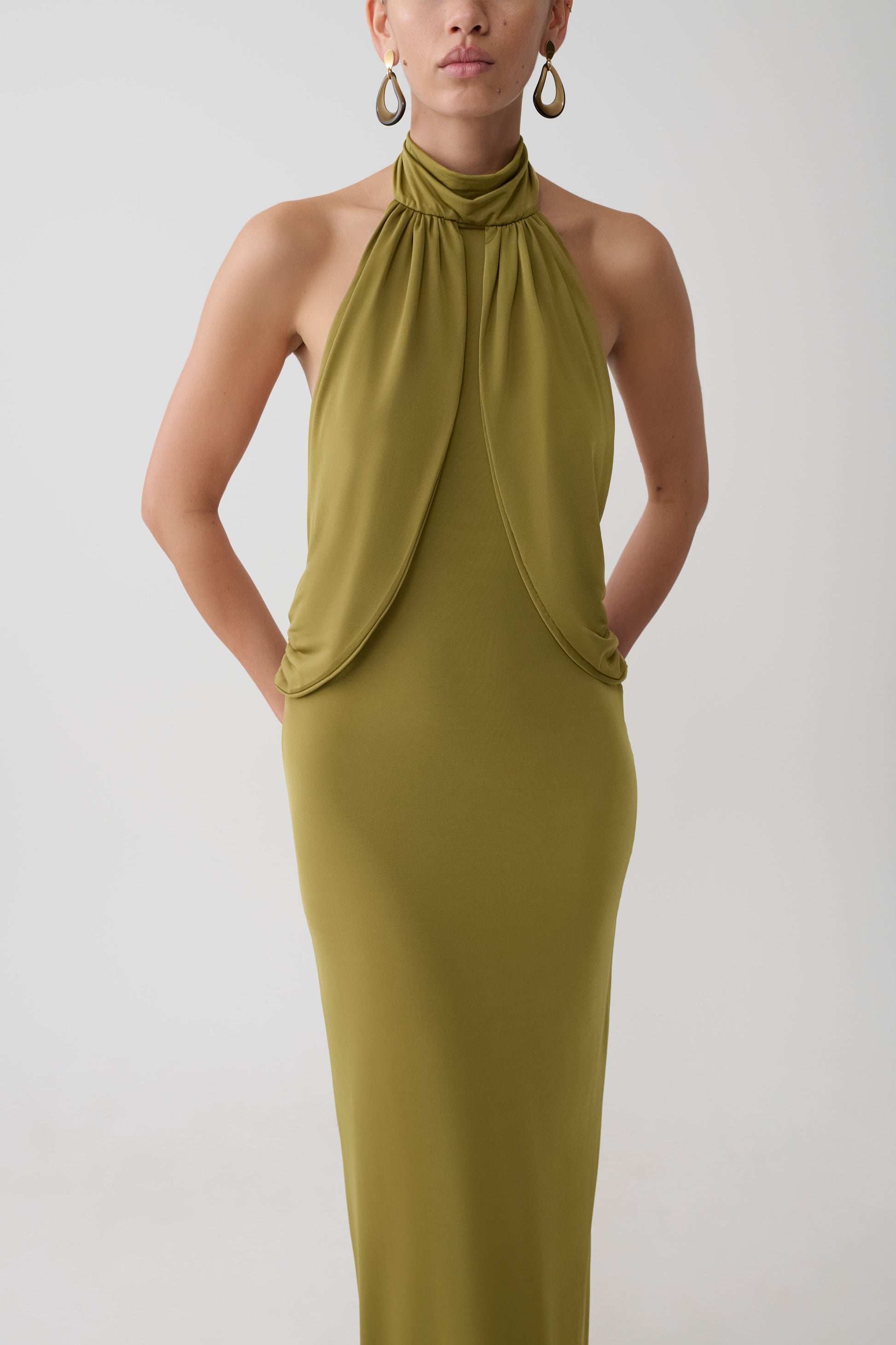 Joan Halter Neck Slinky Maxi Dress - Martini Olive #6