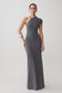 Woman wearing a grey slinky maxi dress with hardware.