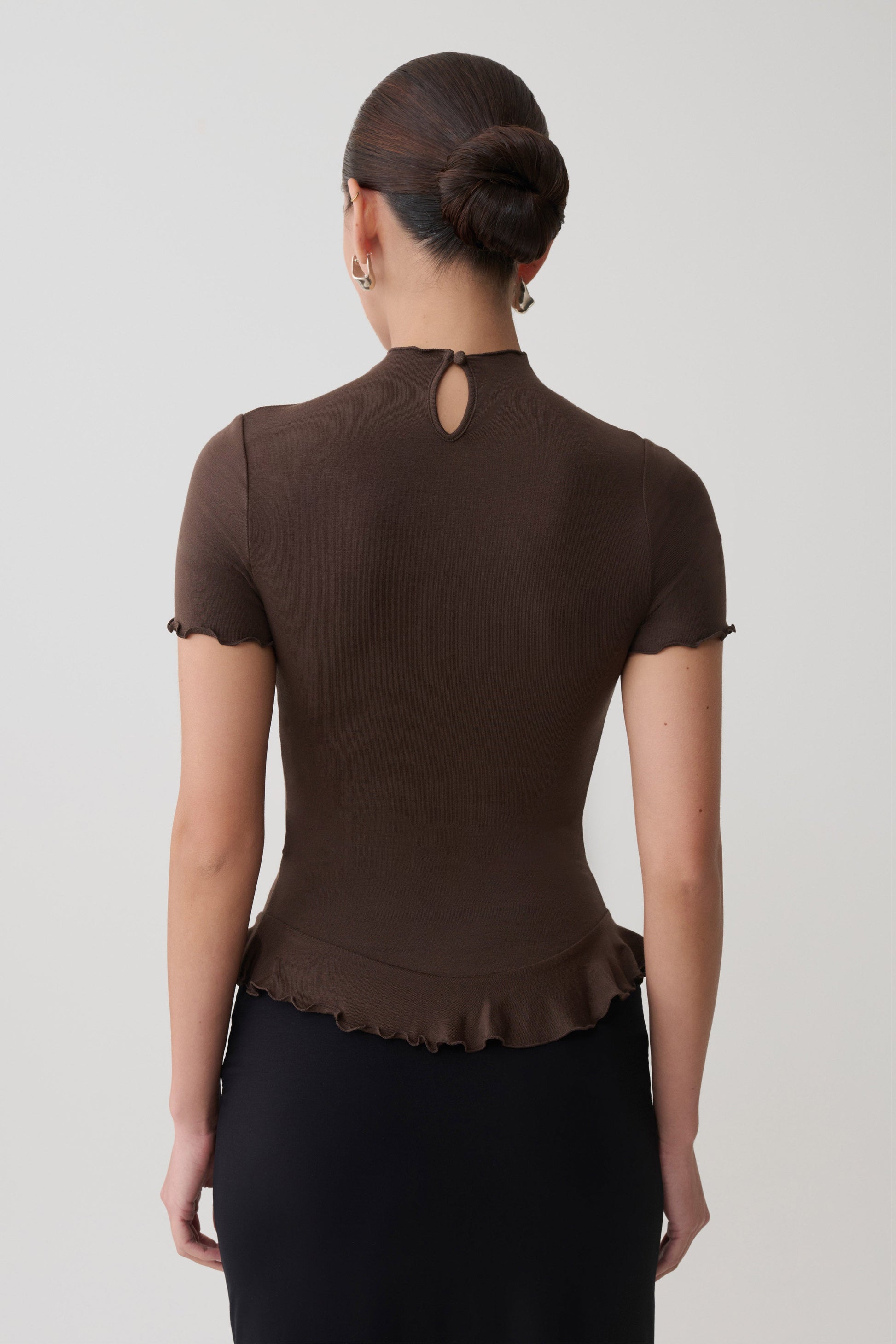 Nira Short Sleeve Ruffle Top - Dark Chocolate #2