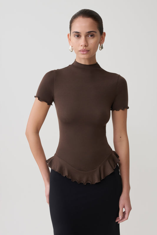 Nira Short Sleeve Ruffle Top - Dark Chocolate