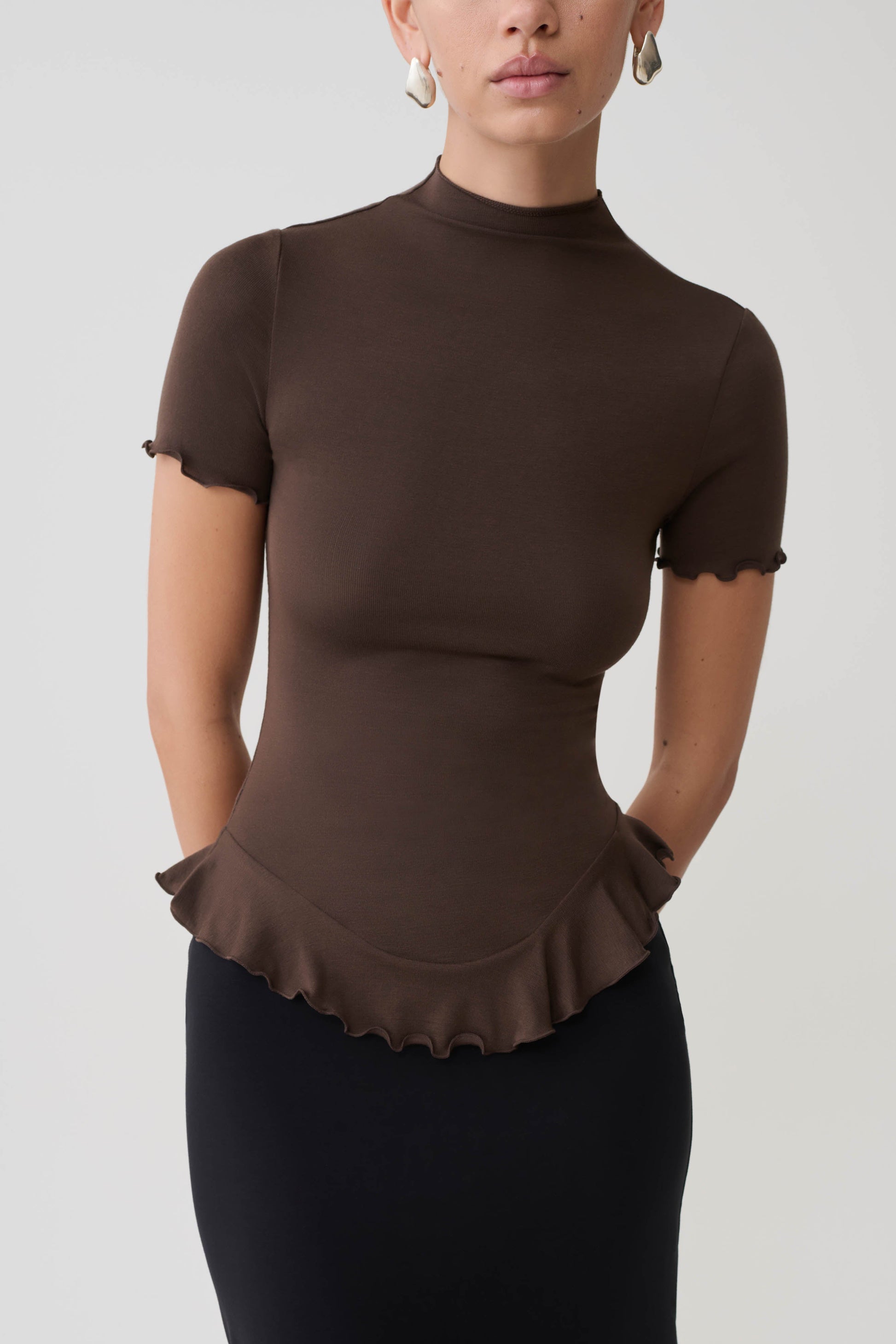 Nira Short Sleeve Ruffle Top - Dark Chocolate #3