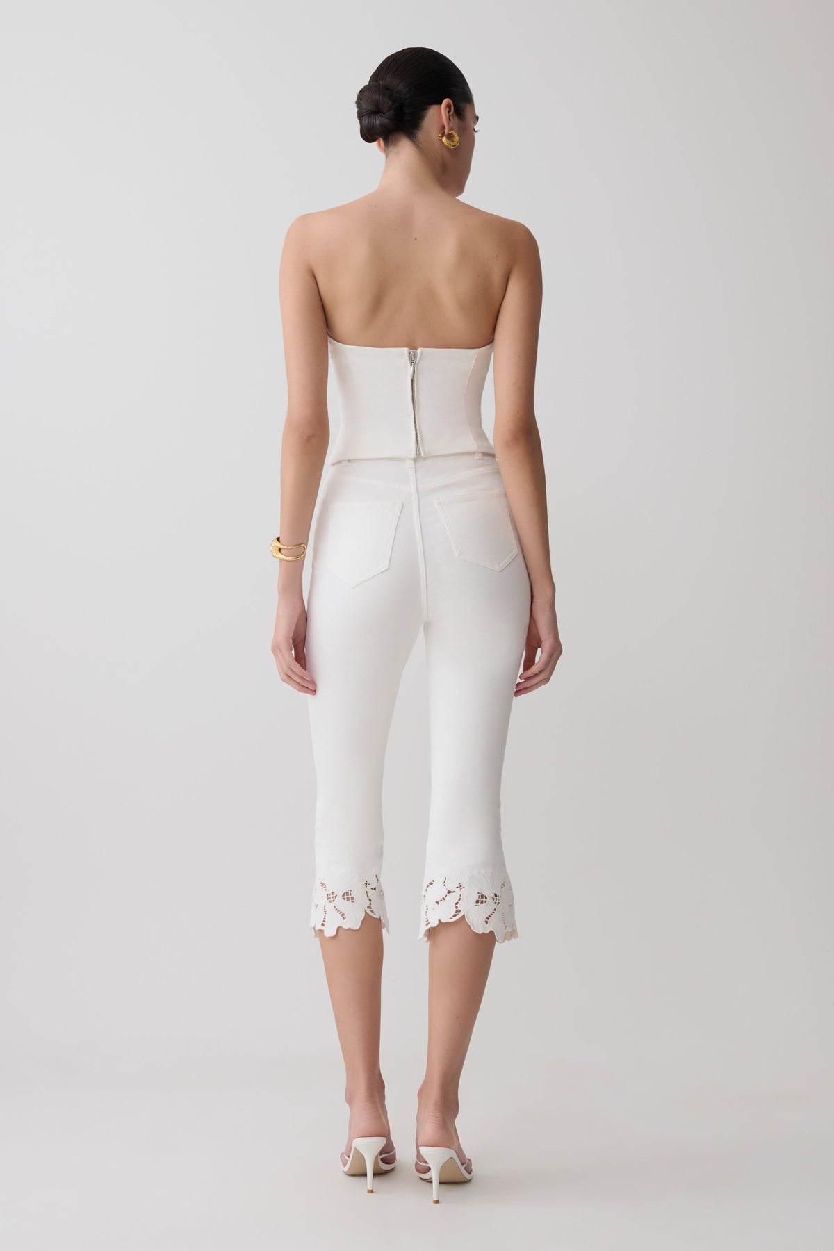 Tillie Flower Embroidery Strapless Denim Top - White