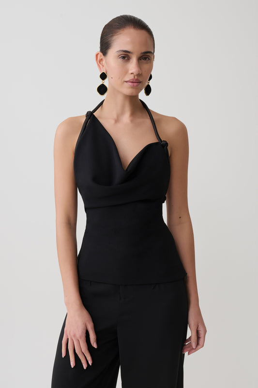Gracie Halter Neck Asymmetrical Top - Black