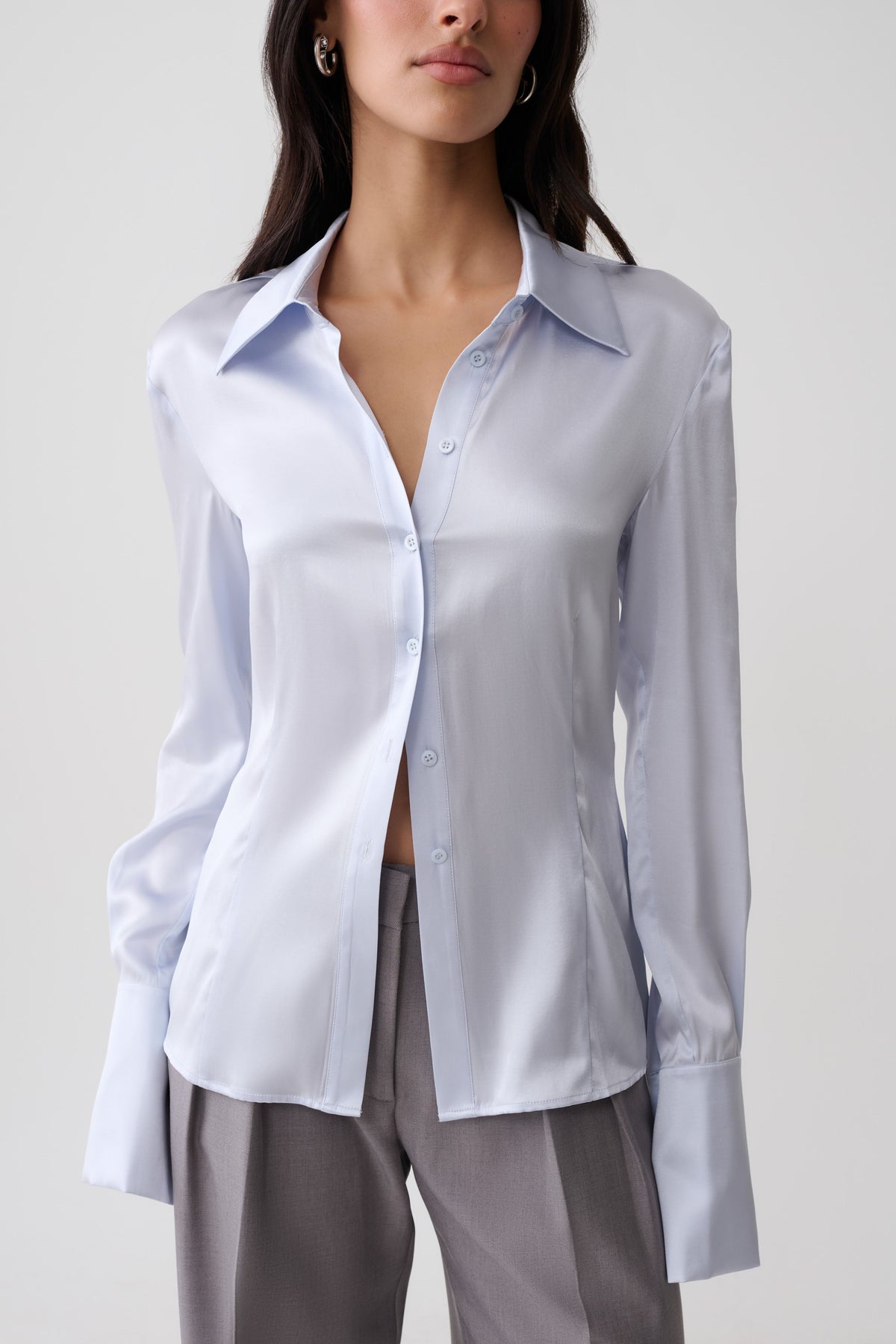 Queenie Silk Blend Long Sleeve Shirt - Ice Blue #2
